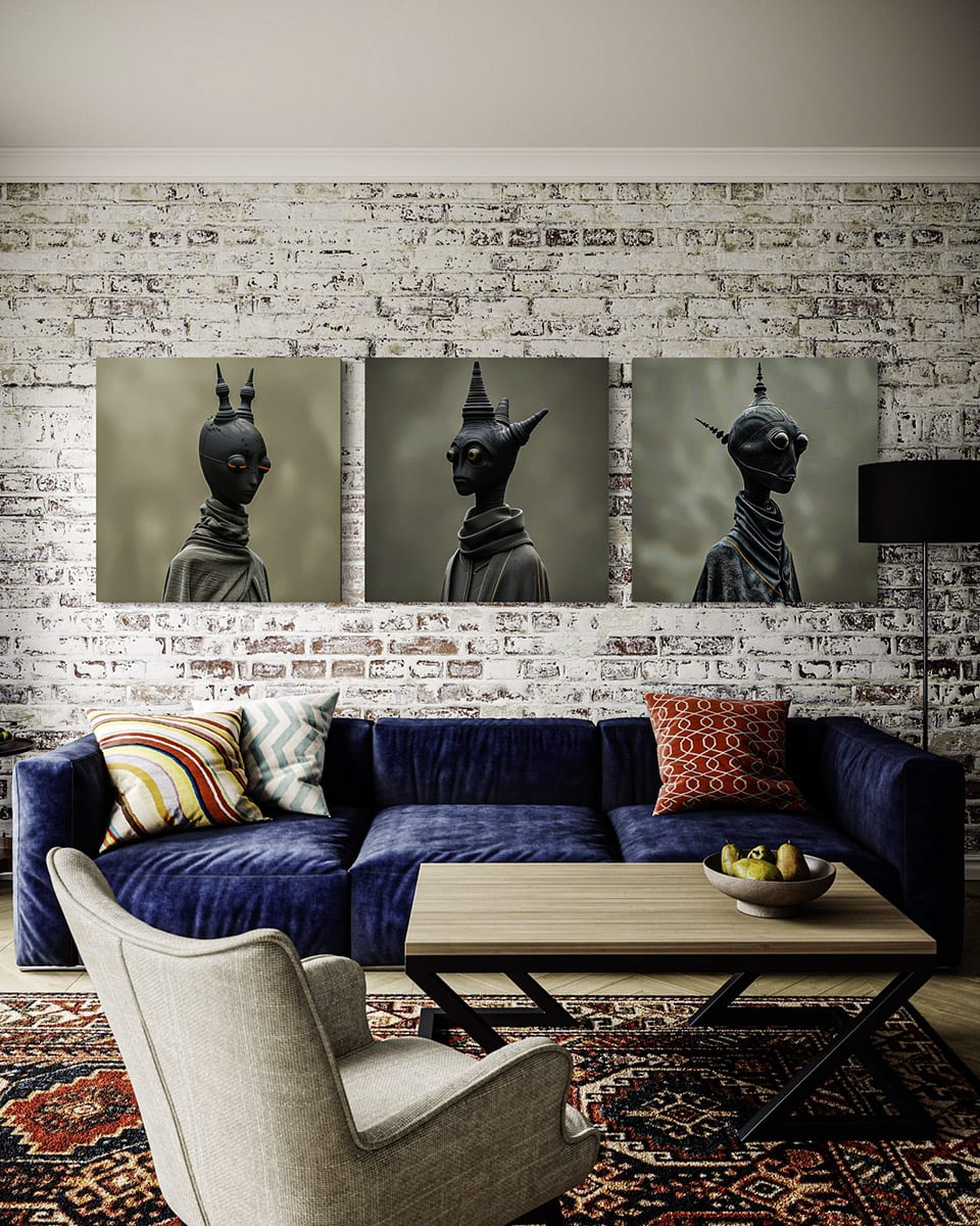 Trois figures, un mur — Salon, Triptyque · 3 × 40 × 60 cm