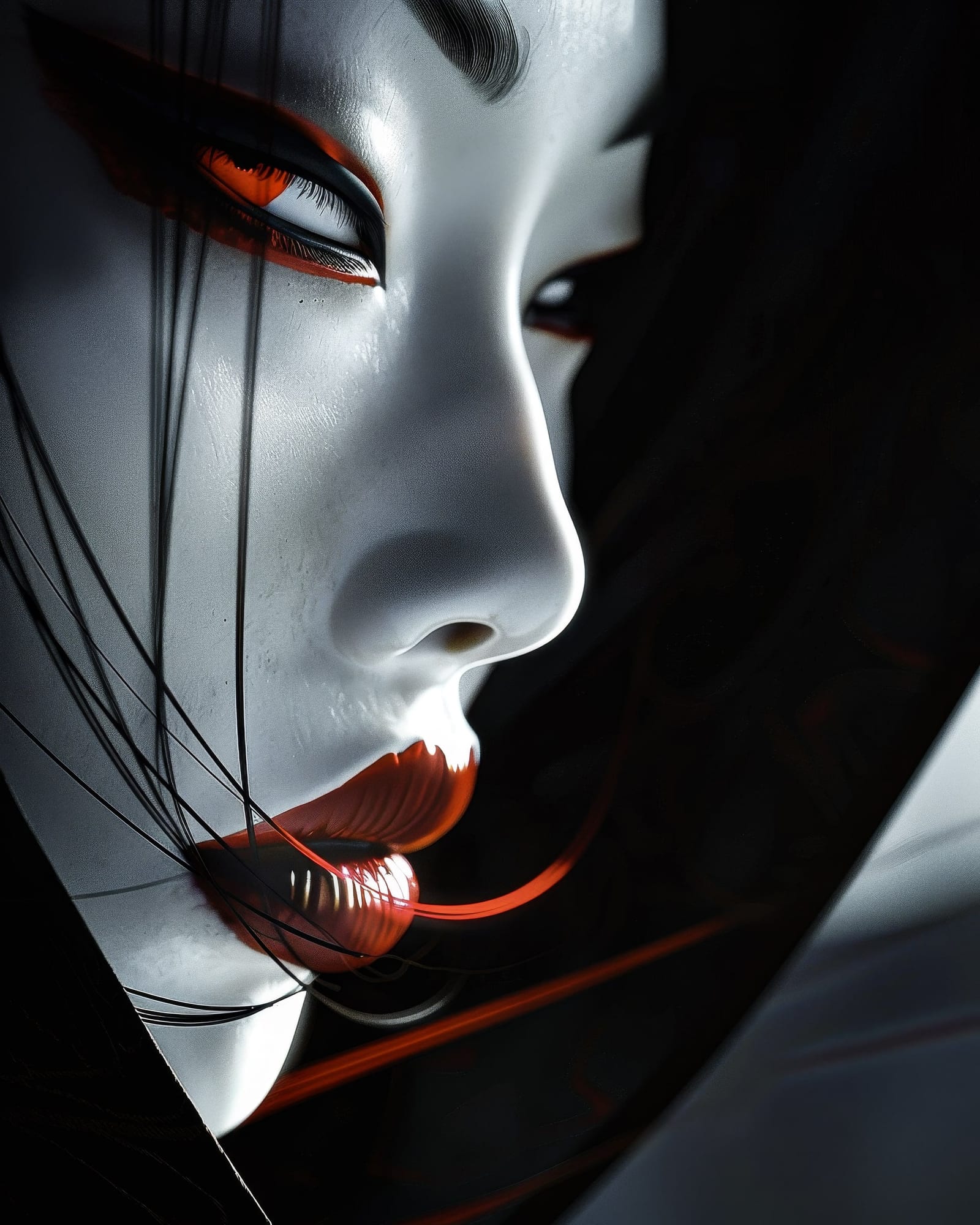 Gros plan sur le bas d'un visage pâle, lèvres rouges brillantes avec un fin reflet ou fil rouge s'en échappant, ombre marquée.