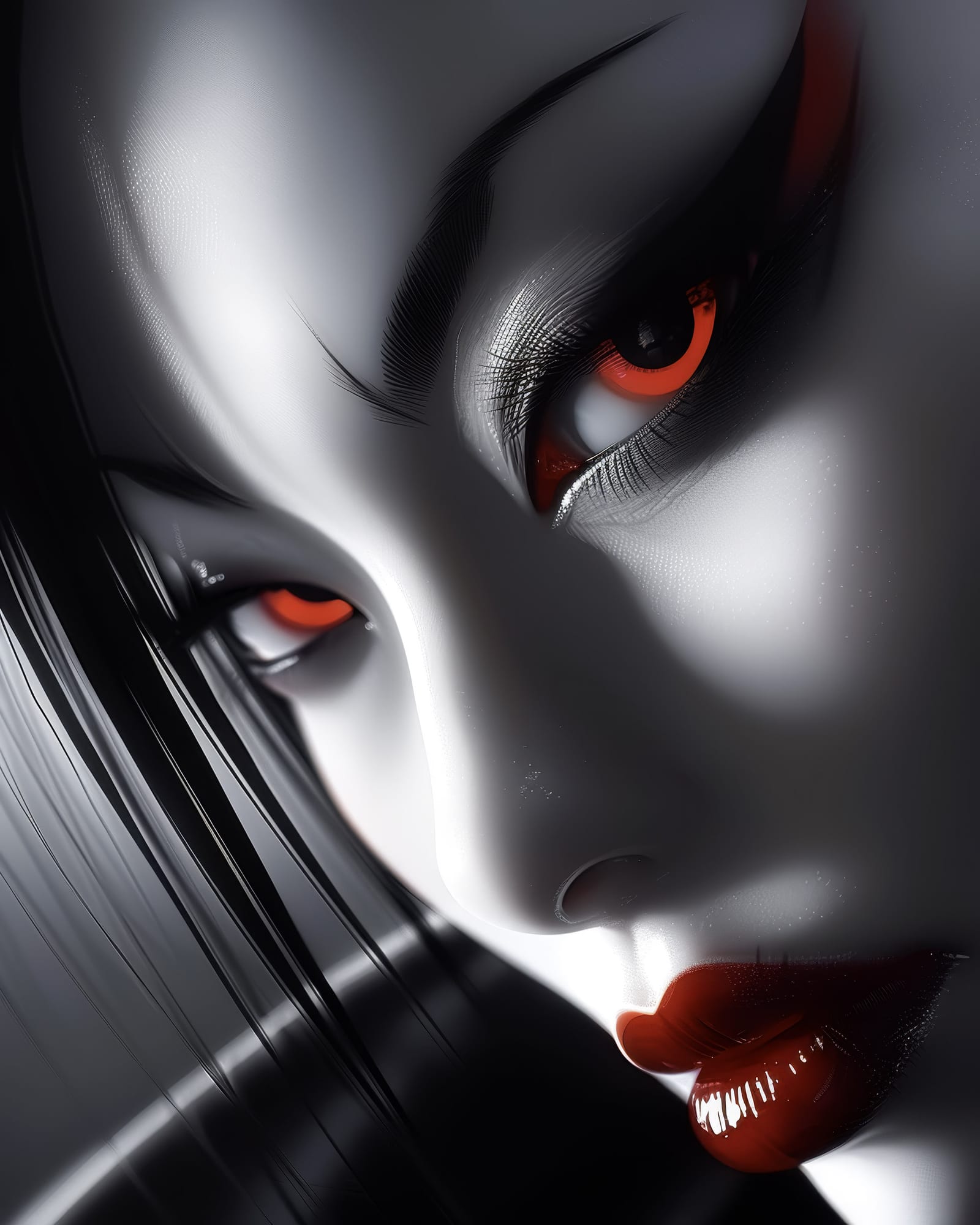 Visage en gros plan regardant l'objectif, yeux rougeoyant intensément, cils sombres très détaillés, lèvres rouge sombre vernies.