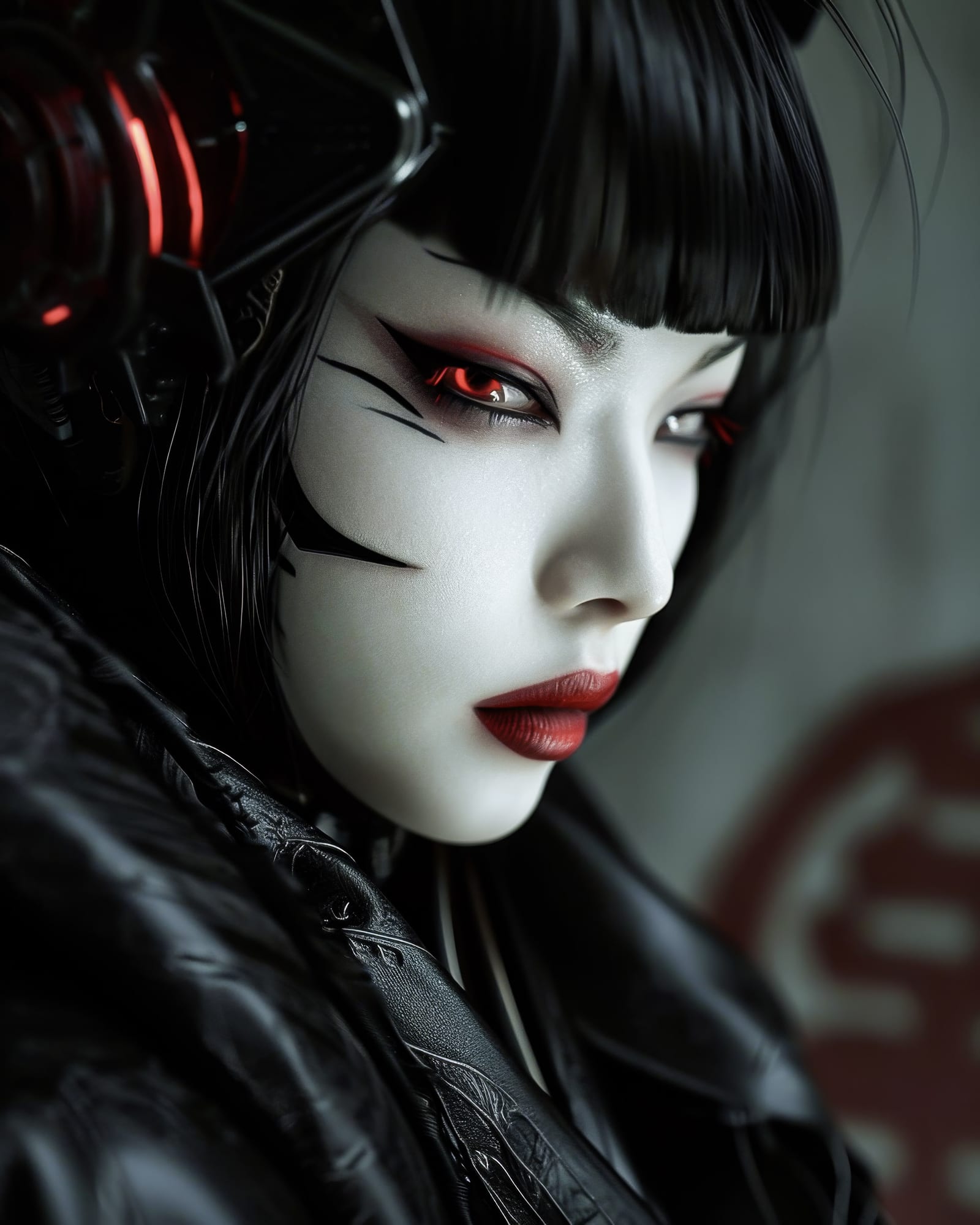 Portrait d'une femme à la peau blanche, frange noire droite, yeux rouges, marques de maquillage noir asymétriques, col sombre texturé.