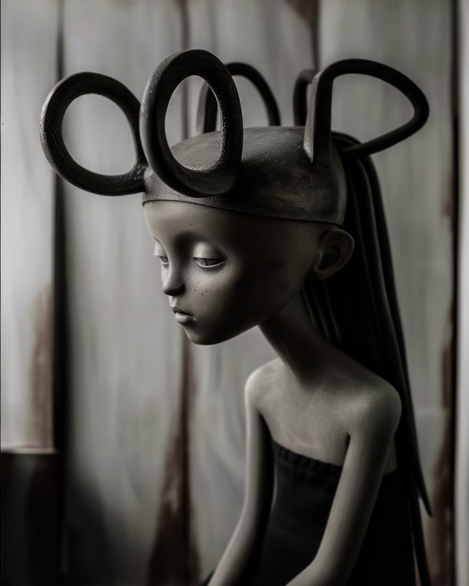 Profil d'une sculpture aux traits lisses, portant une coiffe surmontée de trois grands anneaux sombres, regard baissé.