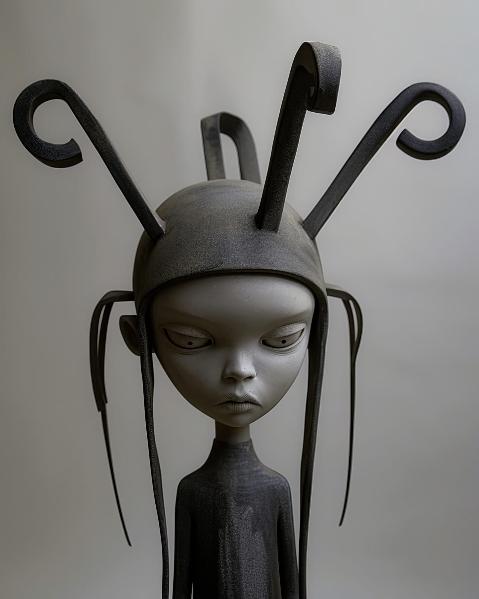 Buste d'un personnage grisâtre coiffé d'un casque ajusté d'où jaillissent quatre épaisses tiges courbées, expression stoïque.