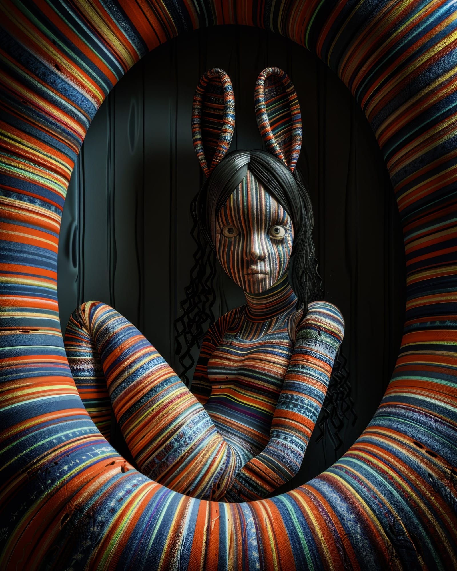 Figure à oreilles de lapin et peau rayée assise à l'intérieur d'un grand anneau circulaire arborant exactement les mêmes rayures colorées hypnotiques.
