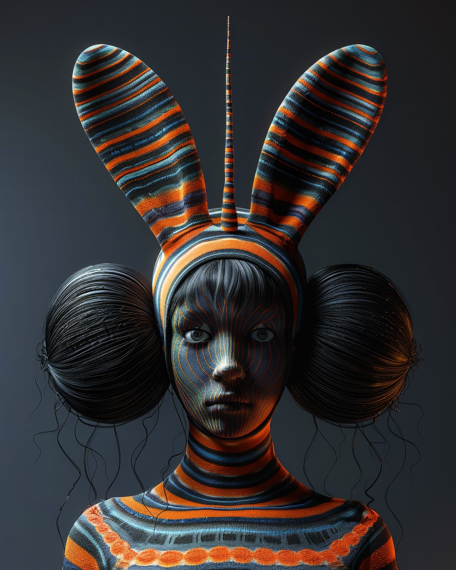 Portrait surréaliste d'un personnage à la peau rayée, arborant deux grandes oreilles de lapin et une longue corne centrale rayées, coiffé de chignons sphériques démesurés.