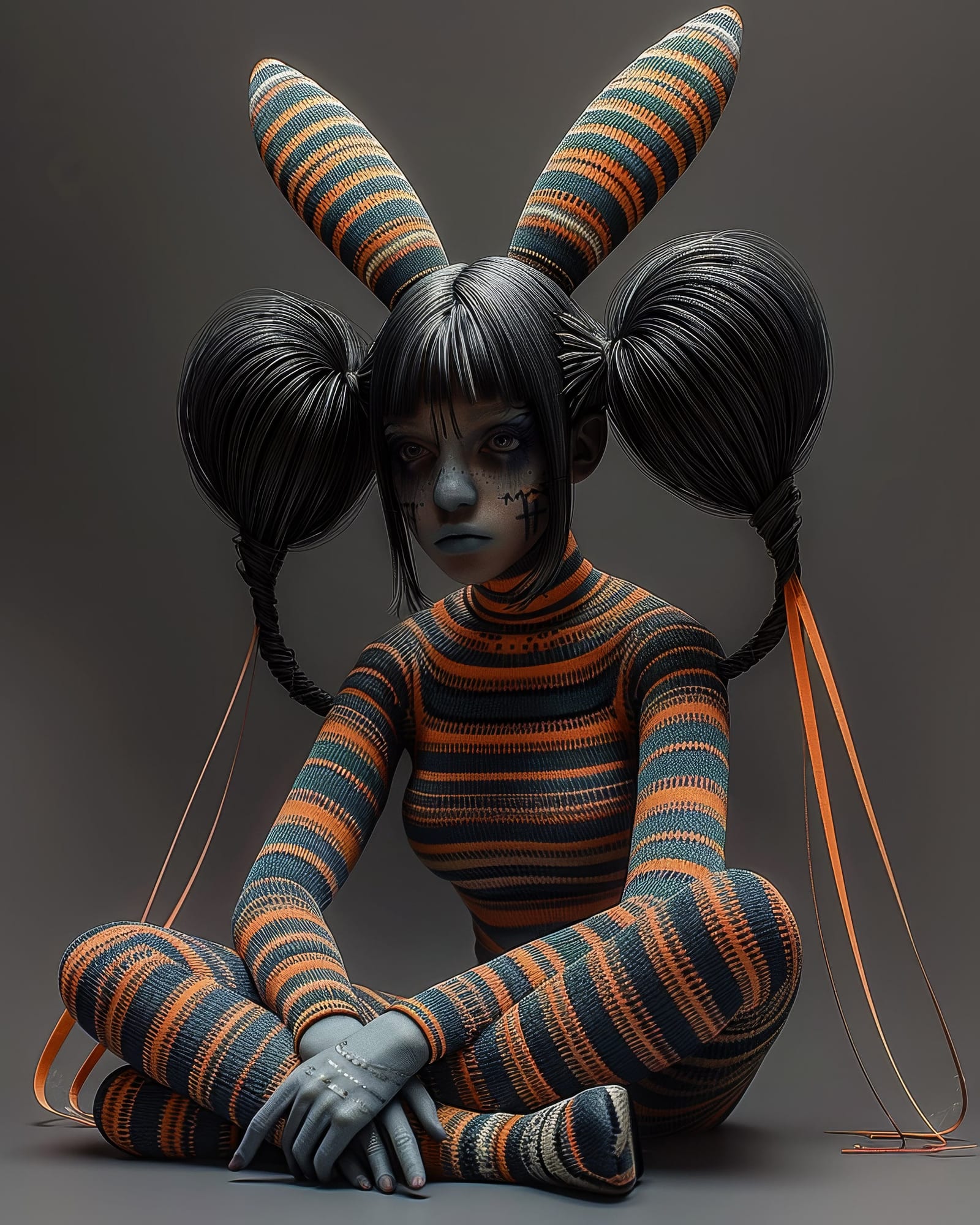 Personnage à la peau grise et aux joues cousues, vêtu d'une combinaison à rayures orange et bleu foncé, oreilles de lapin raides, assise en tailleur avec des rubans pendants.