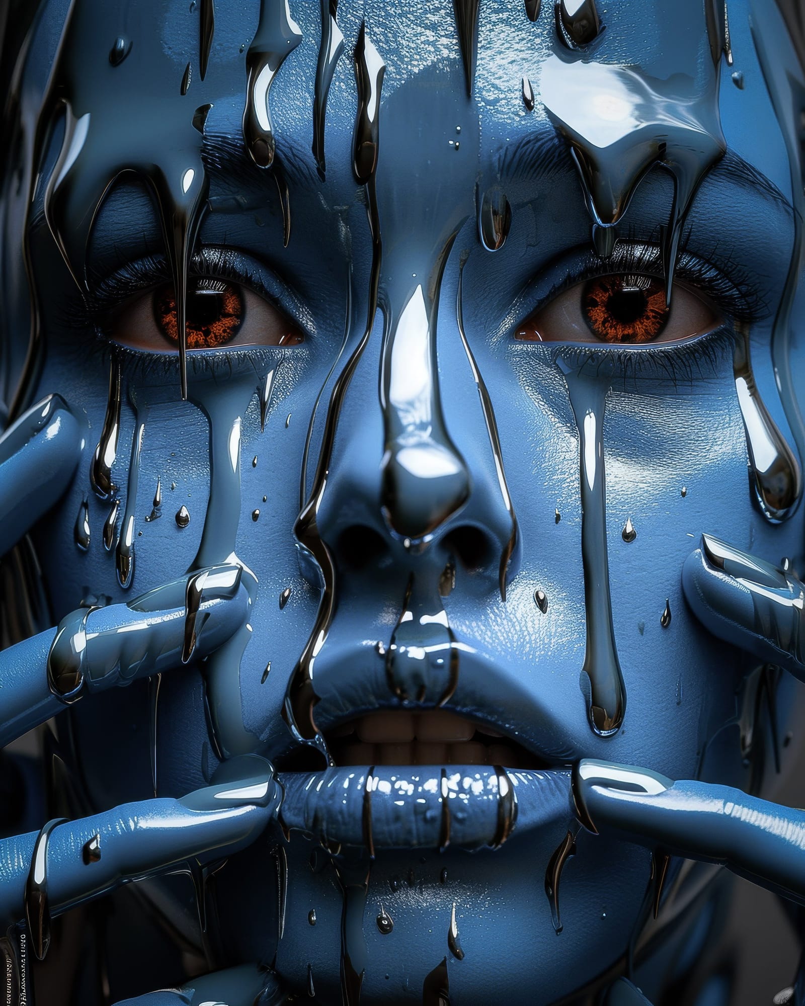 Portrait stylisé baigné de bleu acier, reflets métalliques sur les joues.