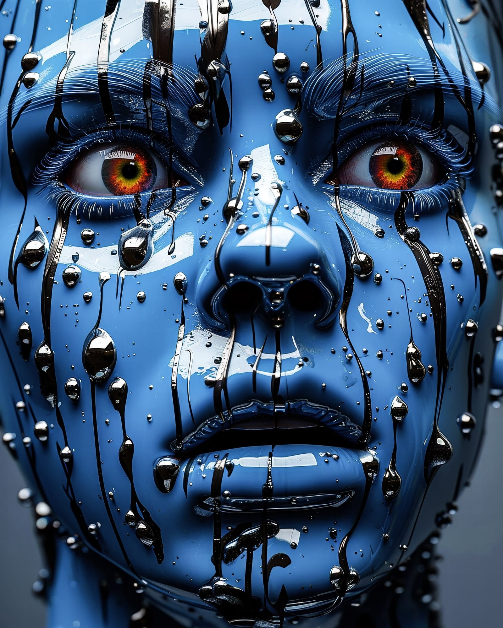 Gros plan d'un regard pâle dans une atmosphère bleutée saturée, expression neutre.