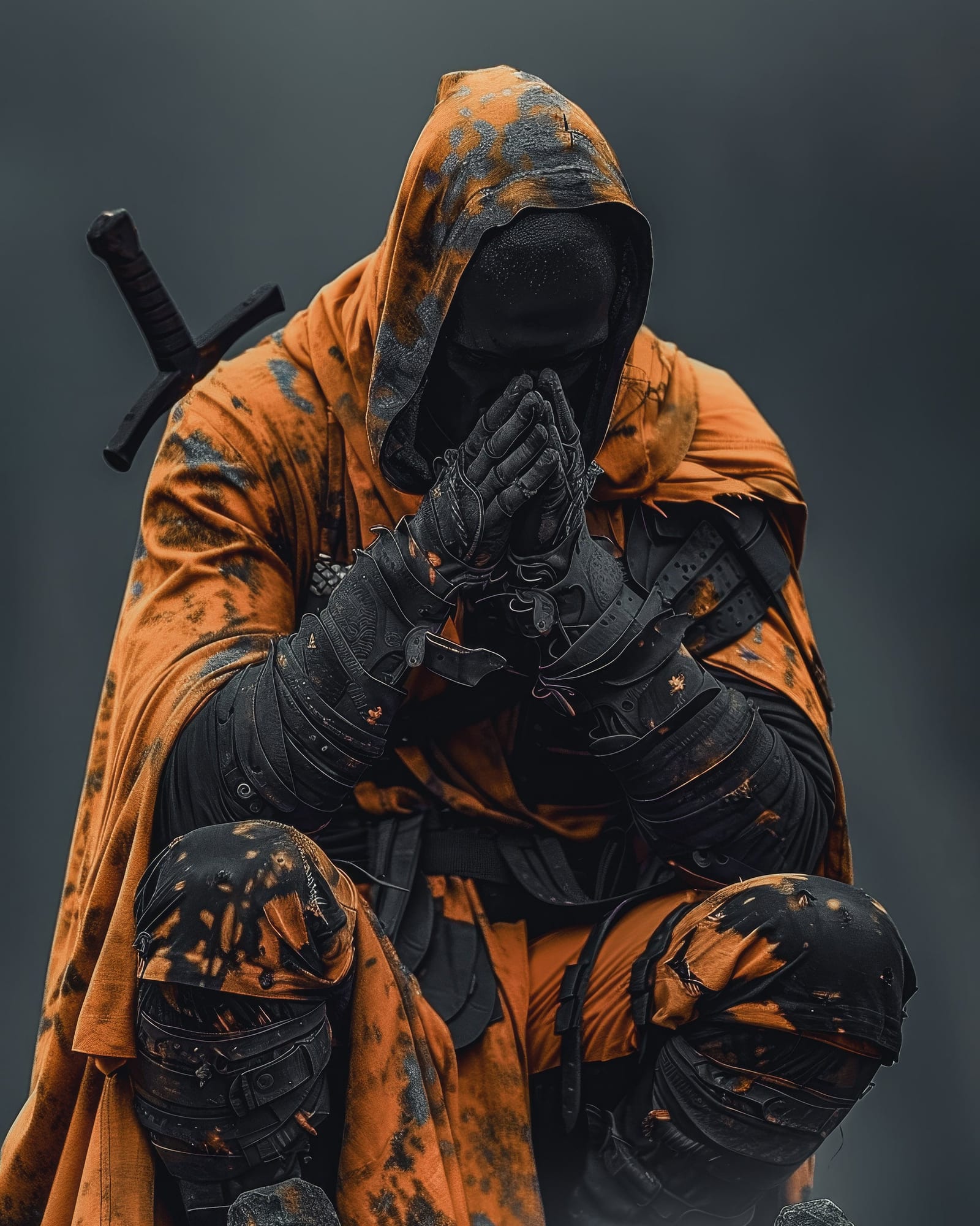 Guerrier agenouillé, mains jointes, portant une armure de cuir sombre, une cape orange en lambeaux et une épée dans le dos.