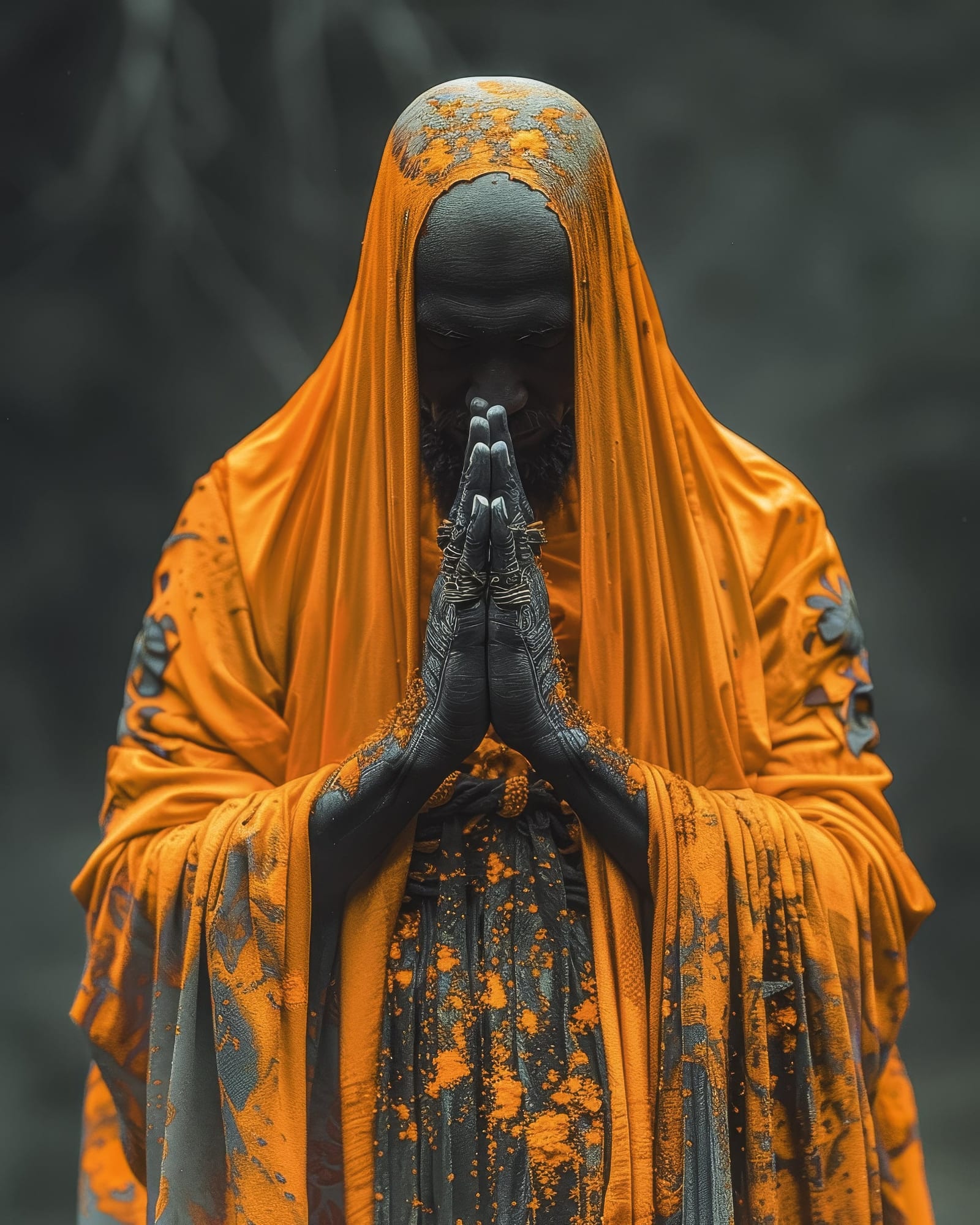 Portrait frontal d'un homme au crâne rasé, peau très sombre recouverte de pigments, priant sous une vaste étoffe orange.