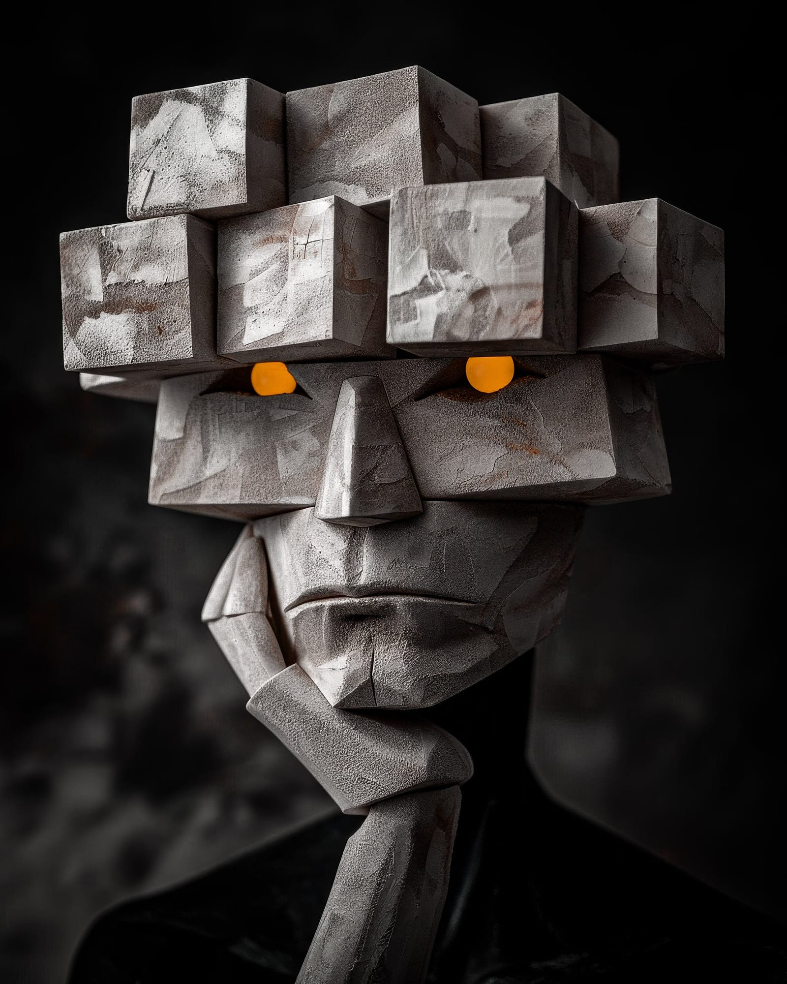Sculpture cubiste en blocs de pierre grise, main posée sous le menton dans une pose pensive, yeux brillants orange.