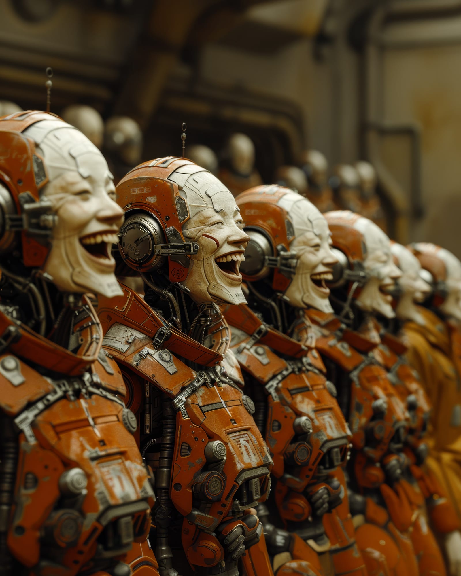 Alignement de cyborgs en armure orange vus de profil, têtes rejetées en arrière dans un éclat de rire, bouches grandes ouvertes.