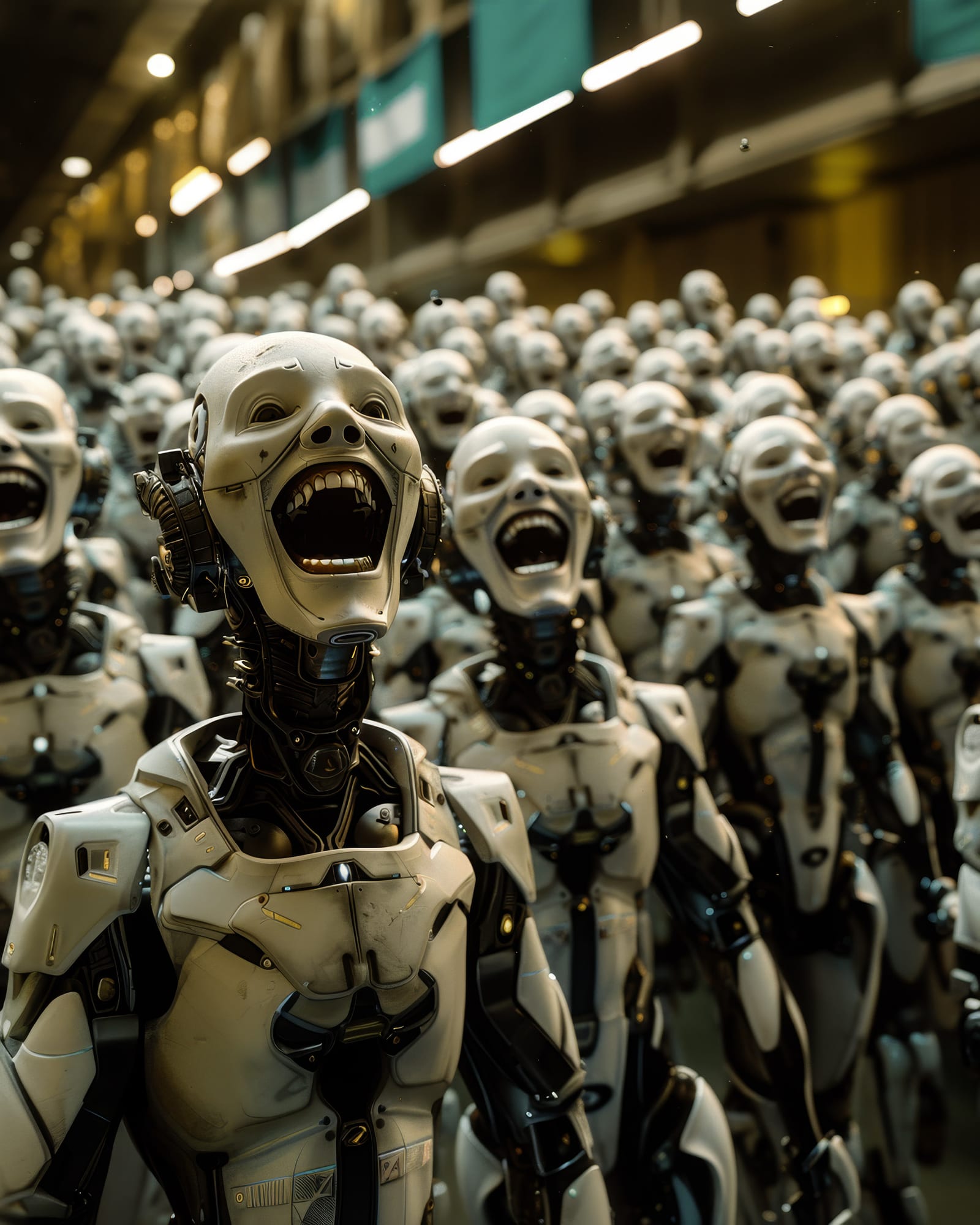 Au cœur d'une masse de robots, un androïde blanc rejette la tête en arrière dans un rire muet, la bouche grande ouverte, les orbites sombres.