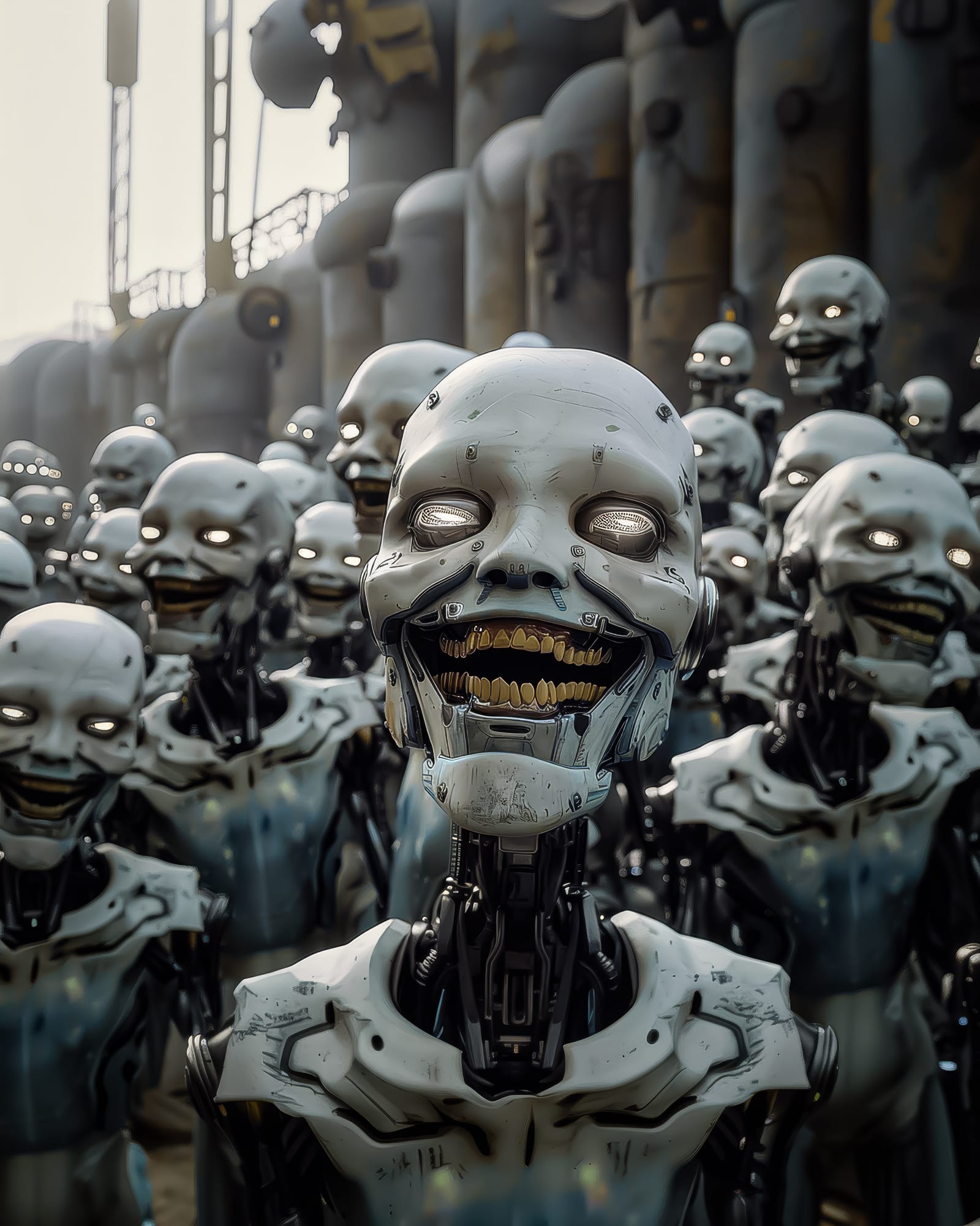 Meute d'androïdes aux yeux blancs brillants dans un décor industriel, fixant l'objectif avec des sourires étirés et des dents menaçantes.
