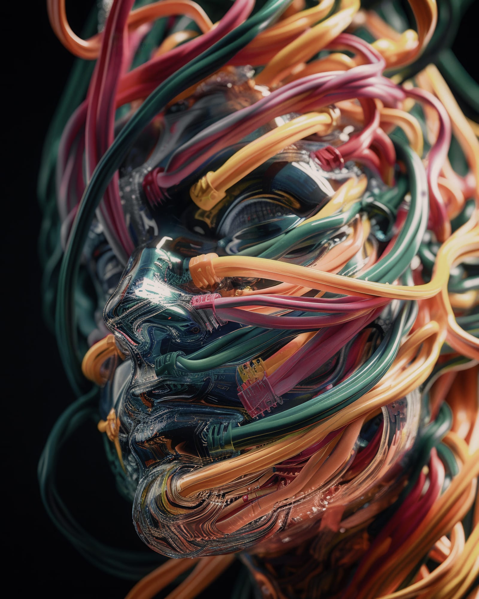 Visage translucide déformé, enserré de toutes parts par d'épais câbles colorés aux embouts roses et jaunes.