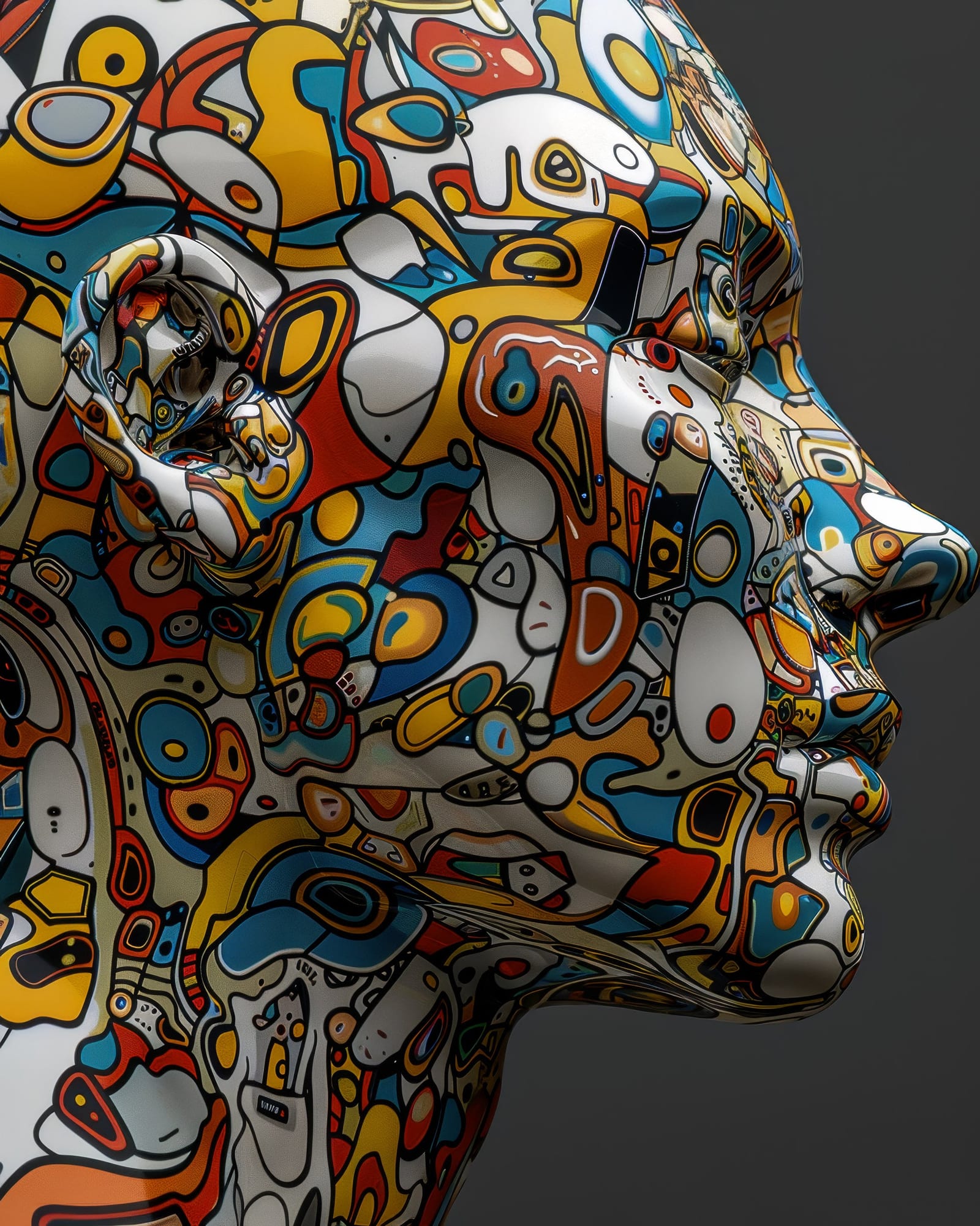 Profil de visage aux traits fermés et apaisés, texture vinyle brillante recouverte de formes organiques pop-art multicolores.