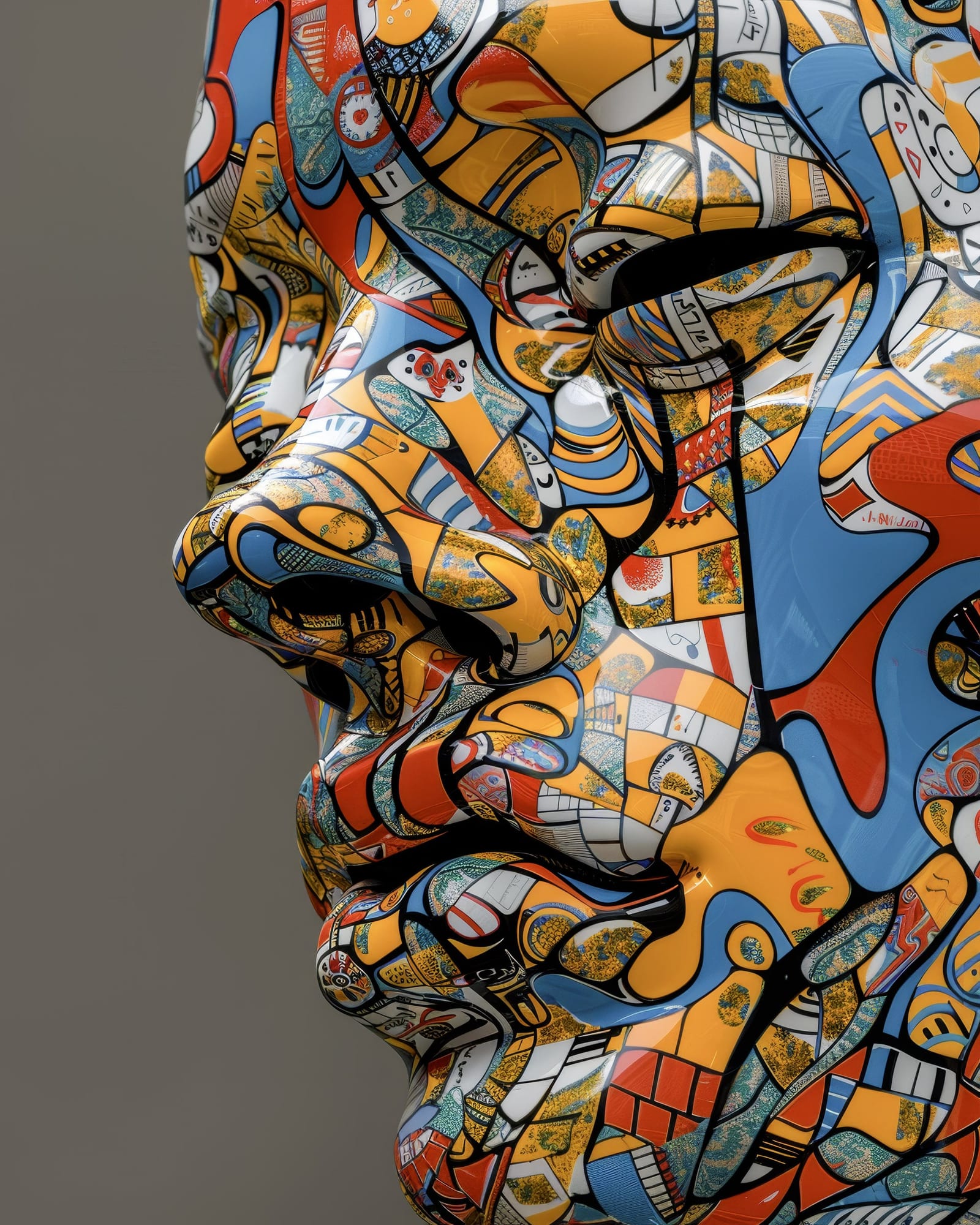 Gros plan sur le nez et la bouche d'un visage sculpté très brillant, motifs urbains denses jaune, bleu et rouge.