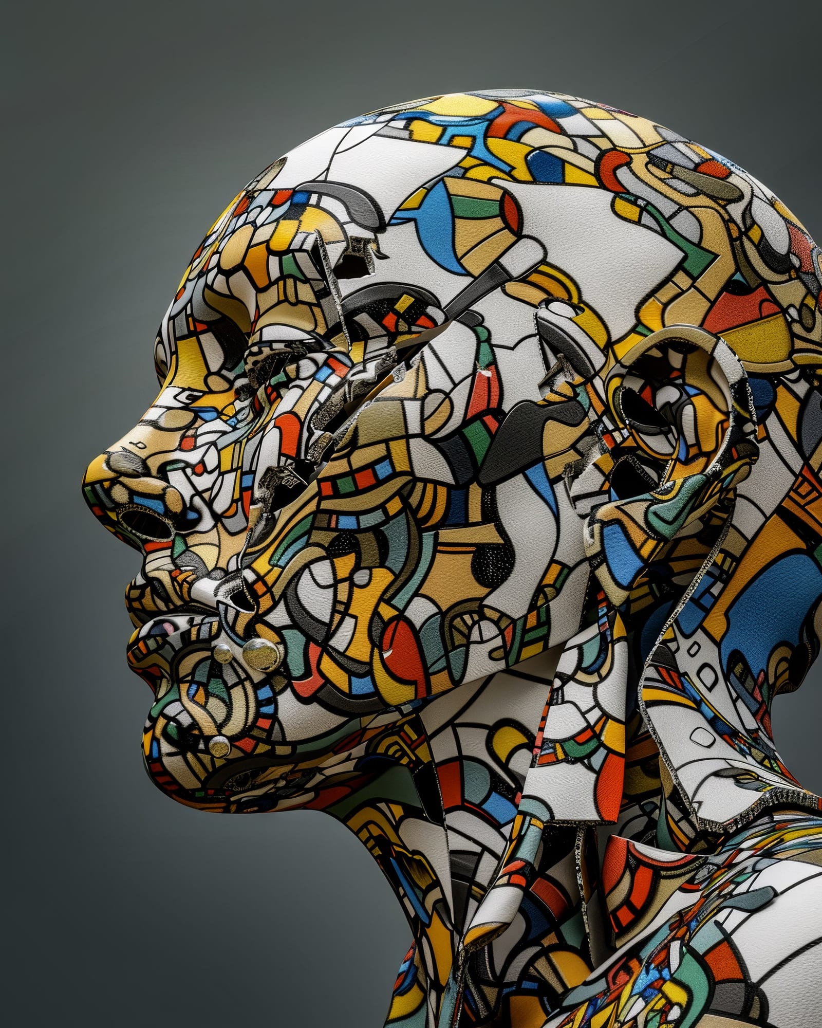 Profil d'une sculpture humaine avec des failles et fissures profondes découpant le visage, motifs abstraits colorés.