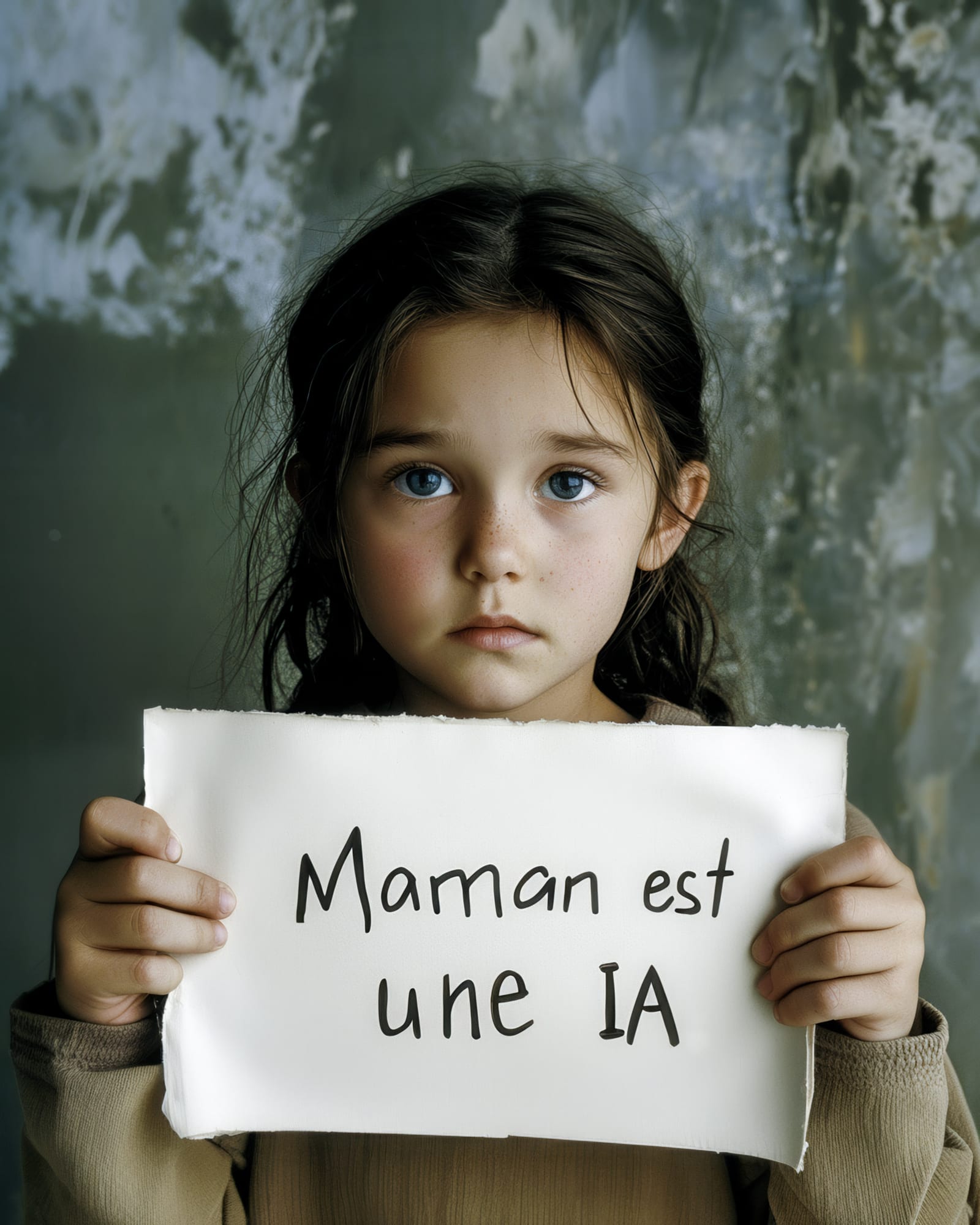 Portrait de face d'un personnage aux yeux clairs, tenant un morceau de papier déchiré avec l'inscription manuscrite : « Maman est une IA ».