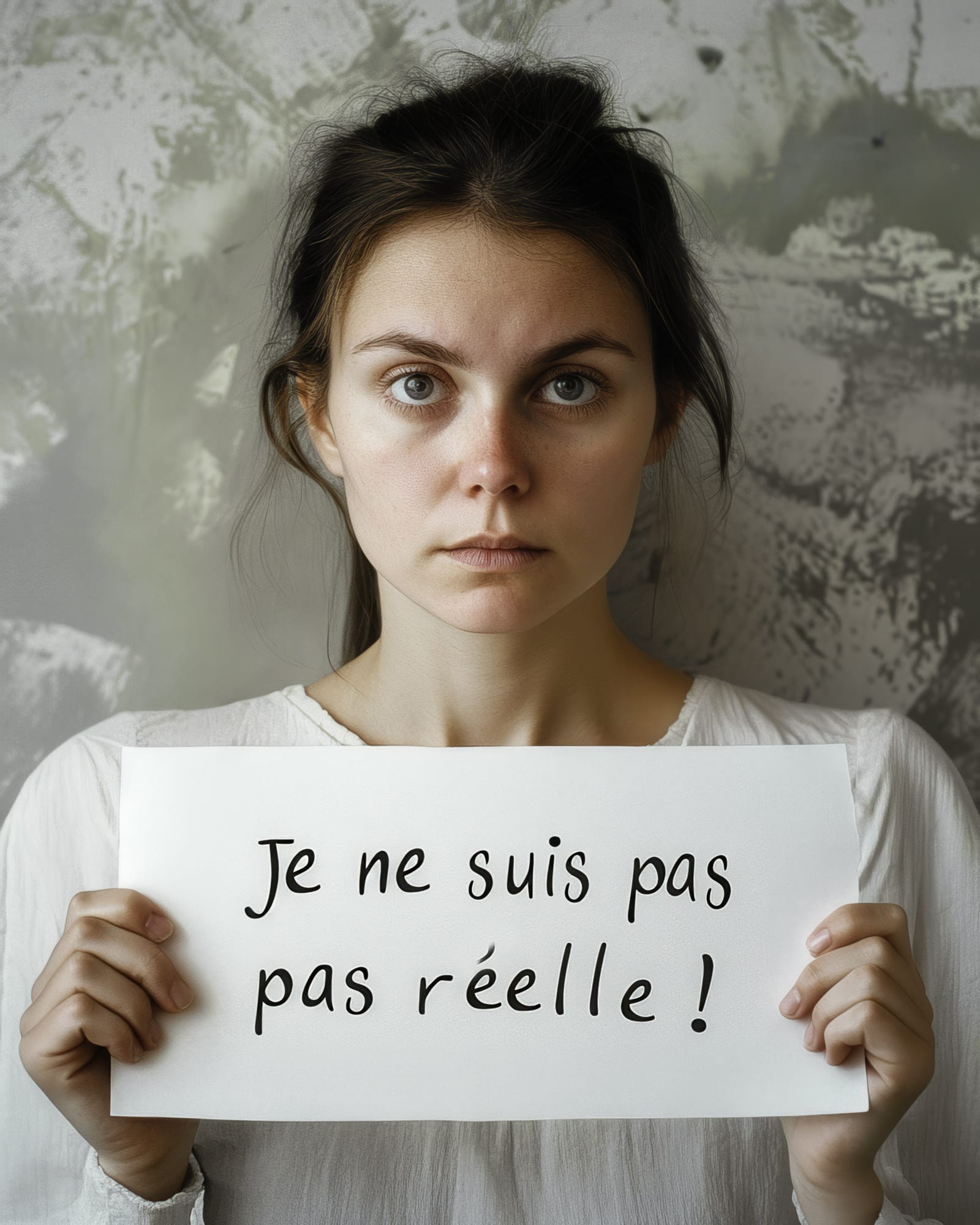Portrait de face d'une jeune femme au regard direct, tenant une feuille blanche où est écrit : « Je ne suis pas pas réelle ! ». Fond texturé gris.