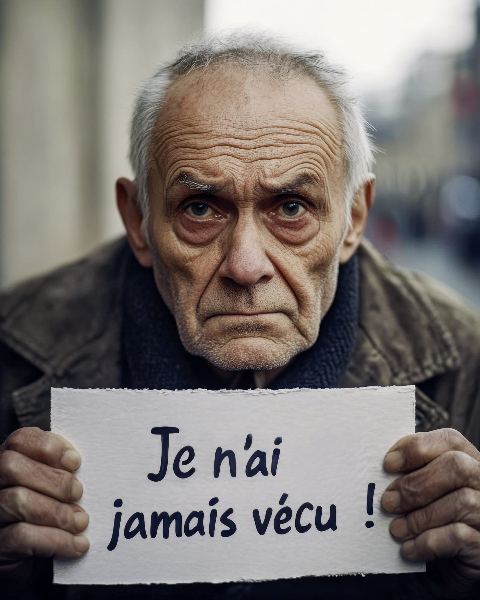 Portrait rapproché d'un homme aux traits fortement marqués, tenant une pancarte indiquant : « Je n'ai jamais vécu ! ».