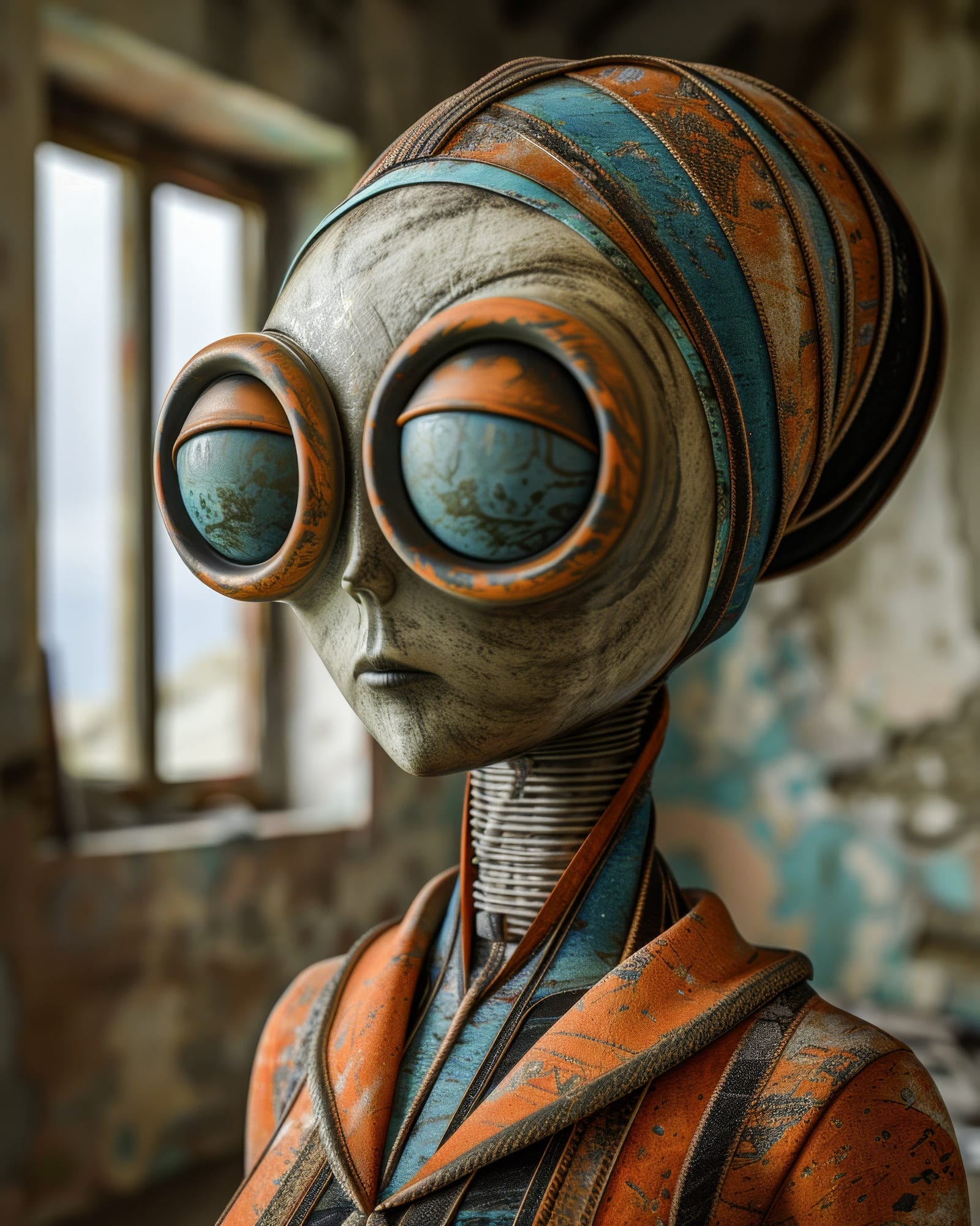 Buste d'un androïde à la peau patinée, grands yeux ronds en relief, coiffe métallique rayée cyan et orange, décor en ruine.