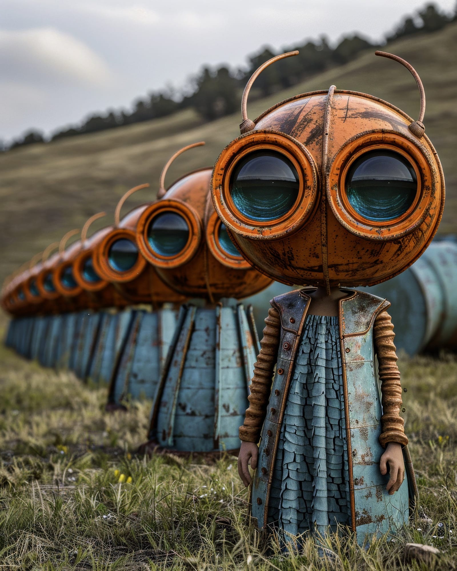 Alignement de petits automates rouillés portant des robes métalliques cyan, têtes sphériques avec d'énormes yeux-jumelles, dans un paysage herbeux.