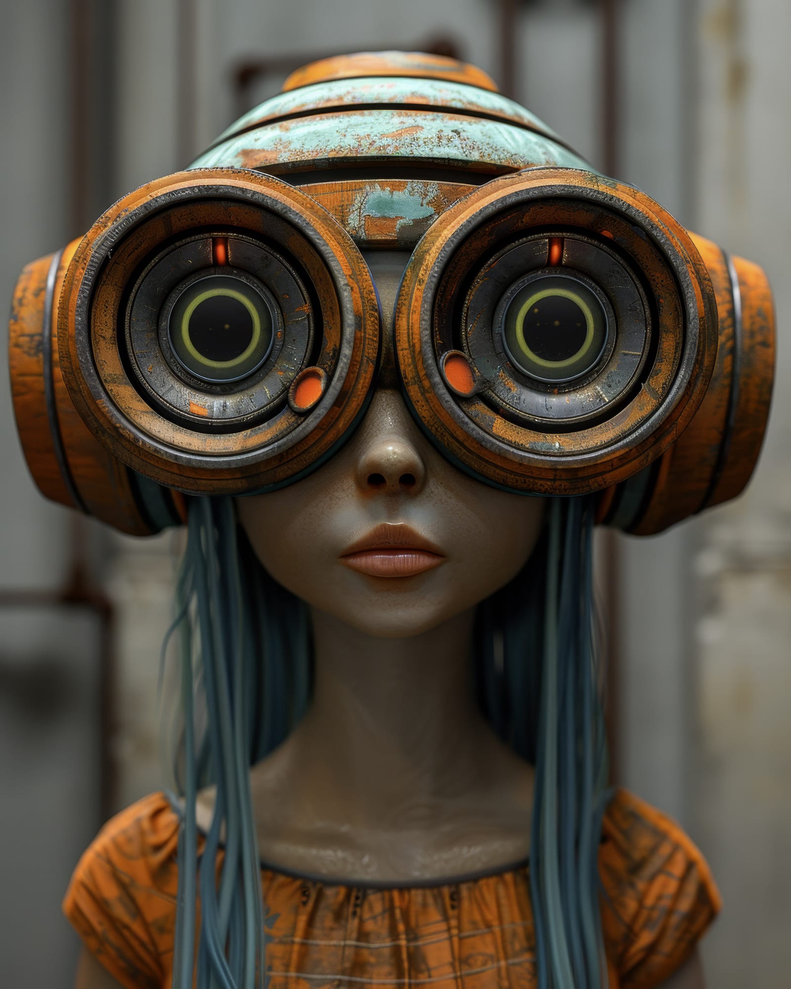 Gros plan sur un visage d'automate juvénile, d'énormes capteurs optiques en guise d'yeux, peinture rouillée, câbles bleus tombant comme des cheveux.