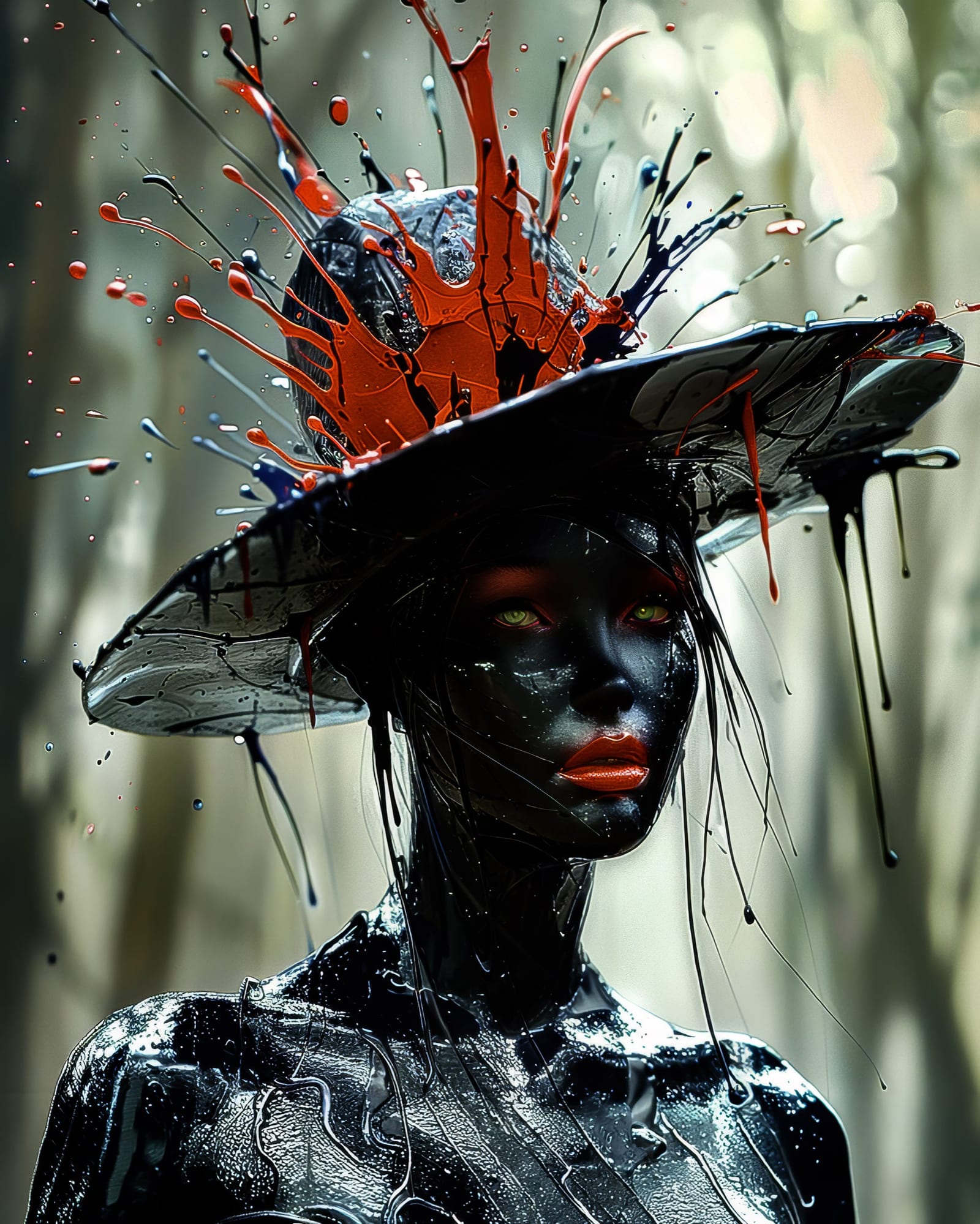 Buste d'une femme à la peau noire très brillante, portant un chapeau d'où jaillissent violemment des éclaboussures rouges et noires.