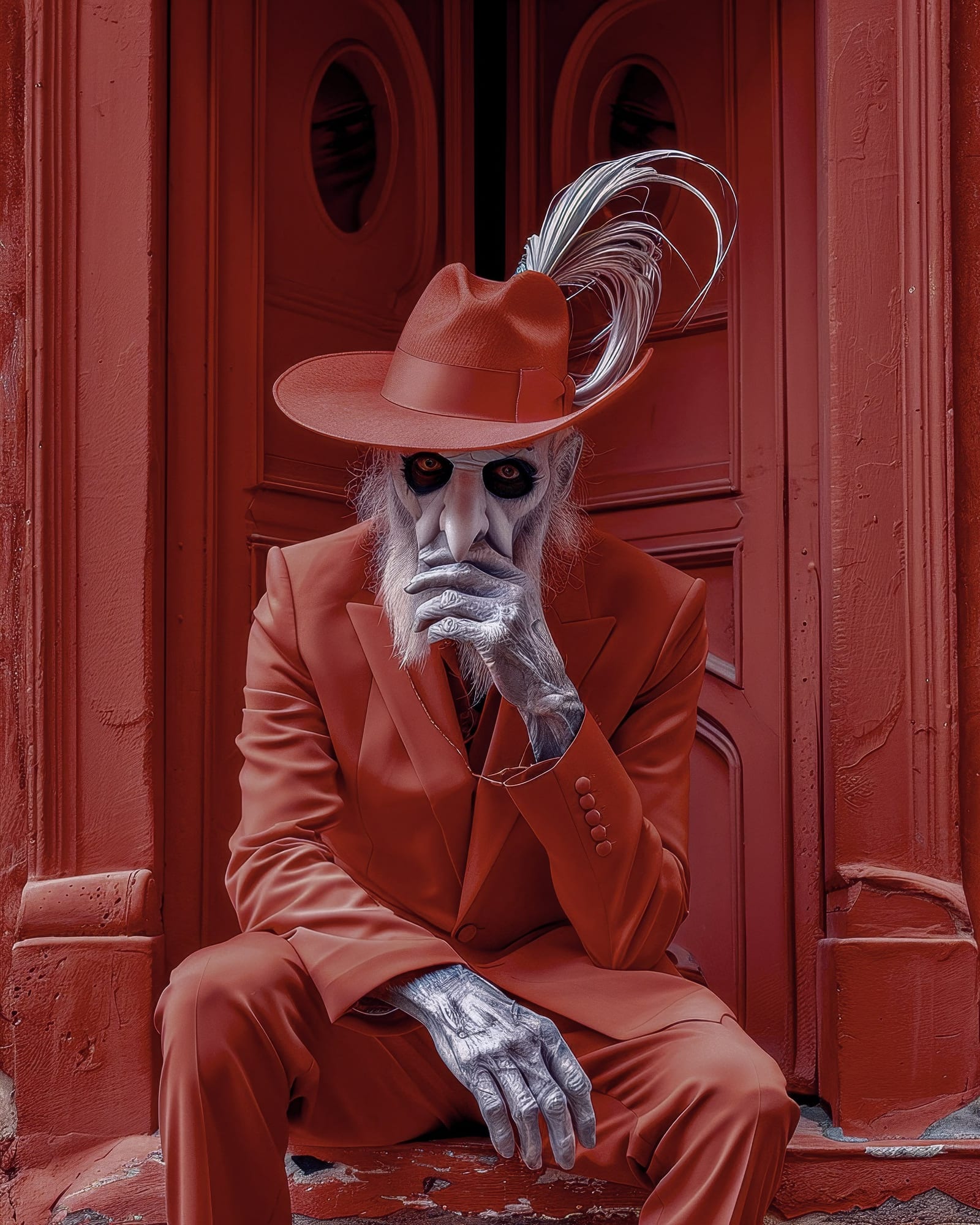 Vieil homme à la peau grise et barbe blanche, vêtu d'un costume rouge et d'un chapeau orné d'une plume, assis devant une porte rouge sculptée.