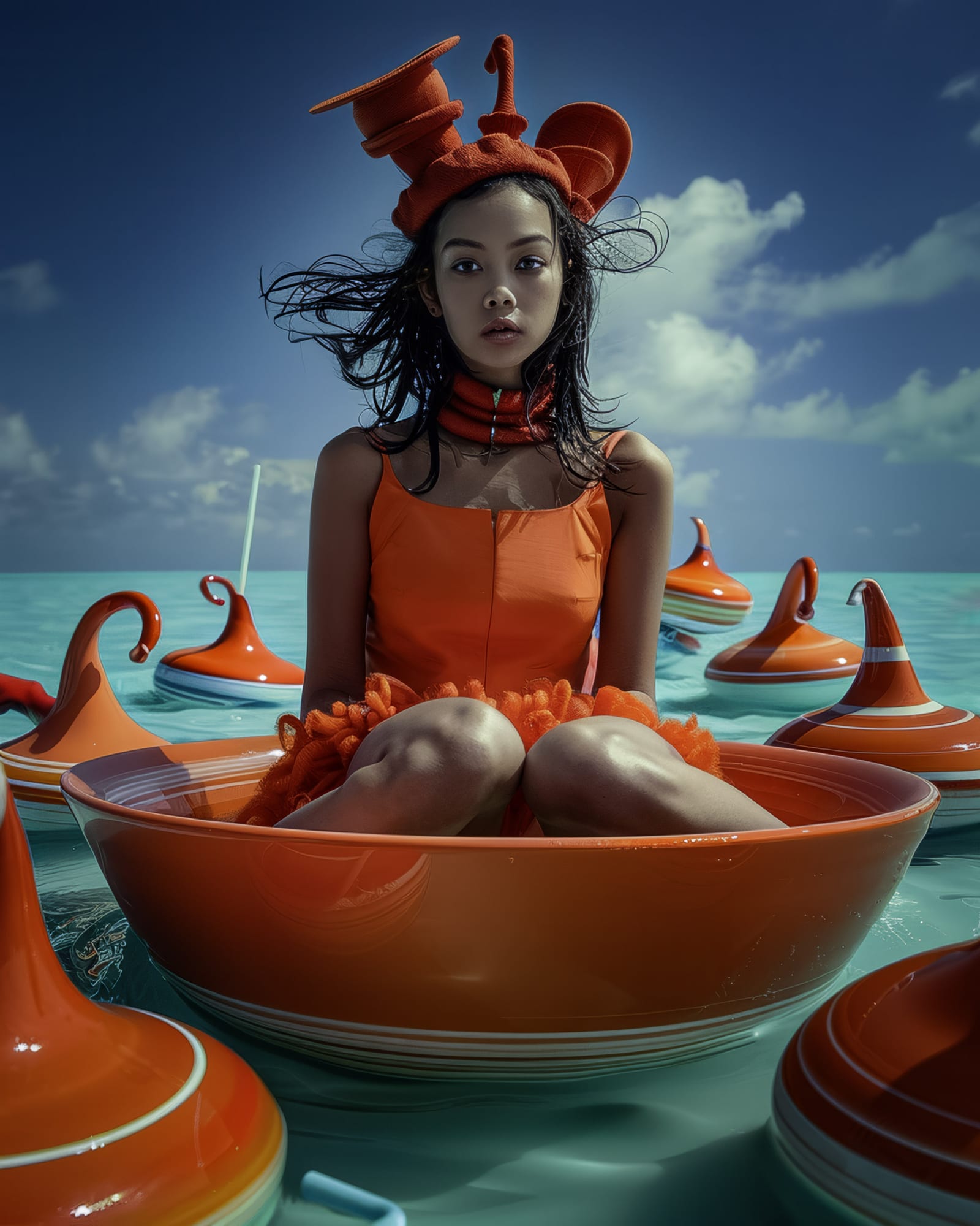 Jeune femme vêtue d'orange, assise dans un bol géant orange flottant sur une mer turquoise, coiffée d'un chapeau absurde en forme de théière.