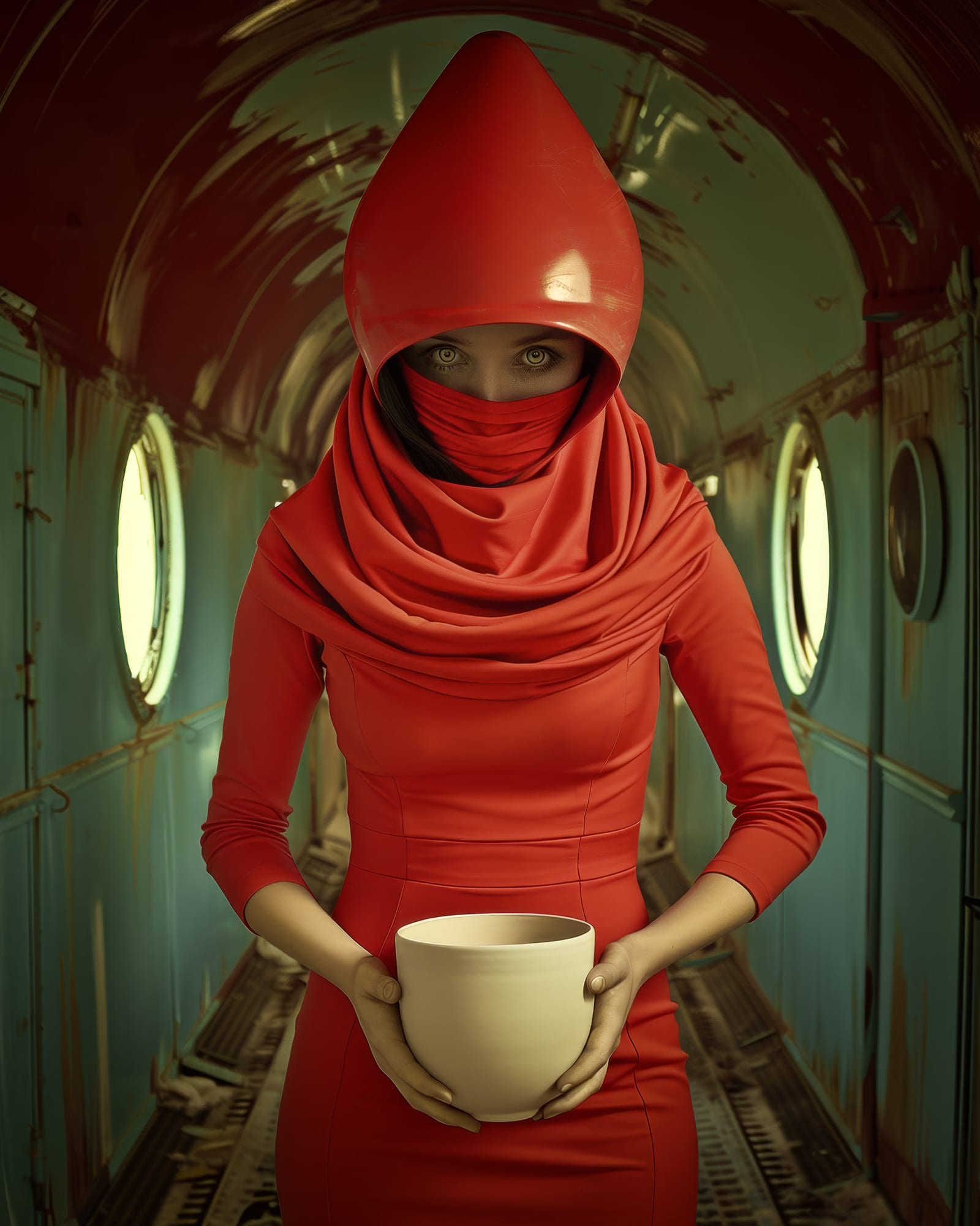 Femme portant une robe rouge moulante et une capuche dissimulant le bas de son visage, tenant un grand bol blanc dans un couloir métallique usé.