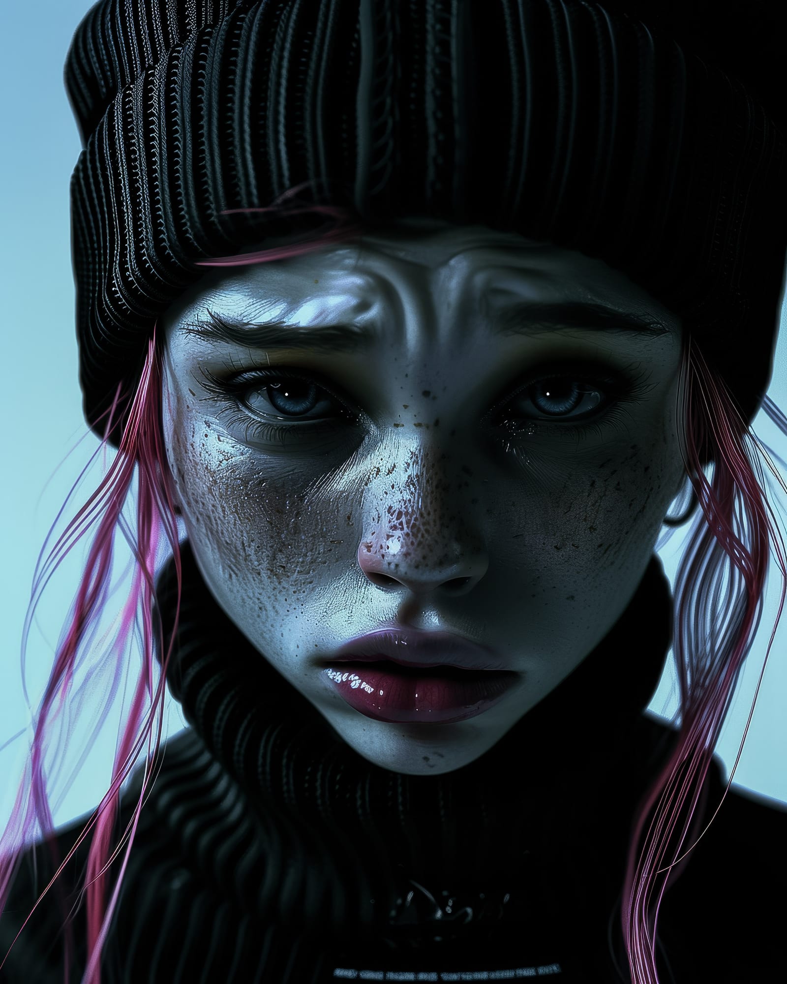 Portrait très serré d'une jeune femme portant un bonnet et un col roulé noirs, mèches roses, peau texturée et humide, éclairage froid.