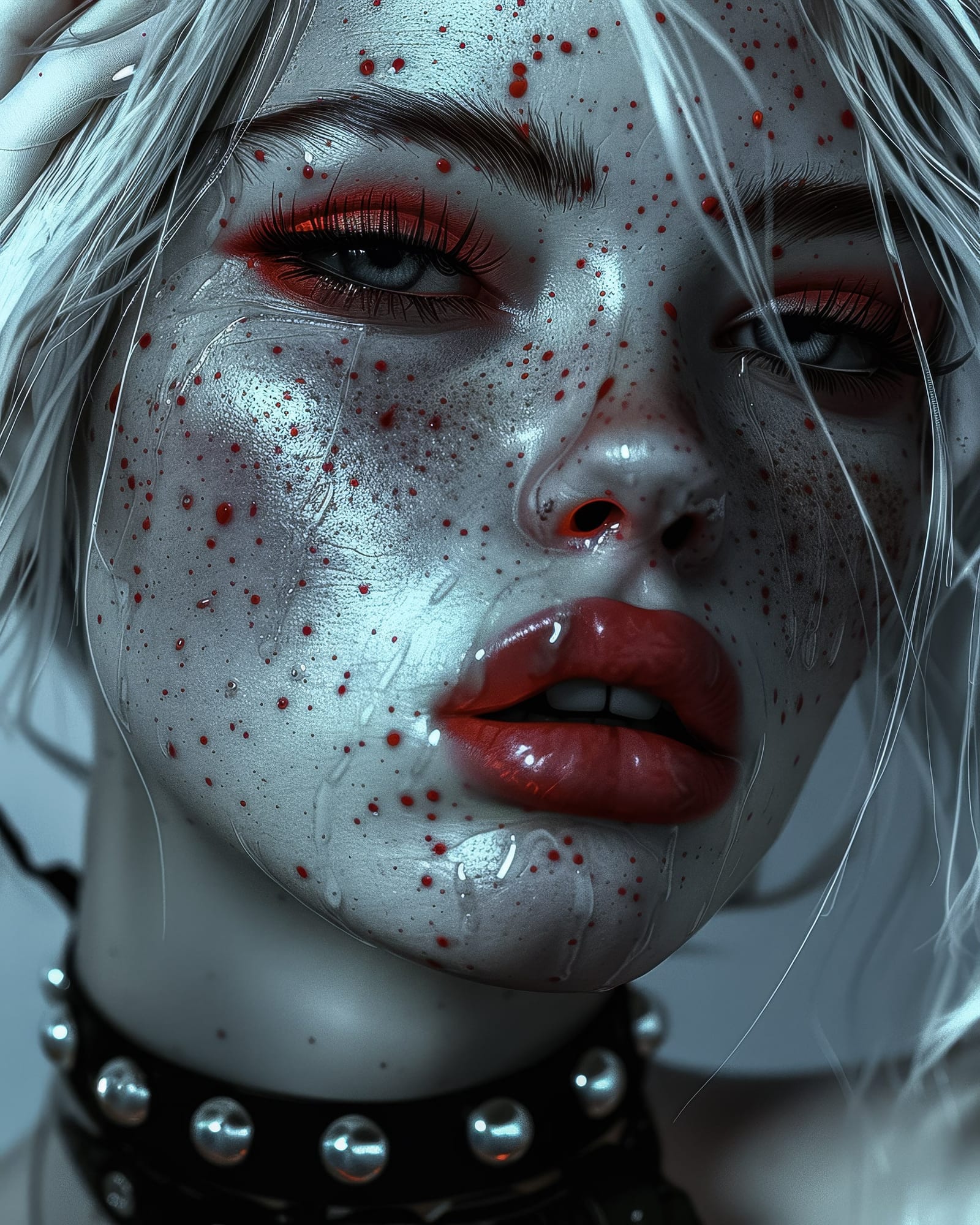 Gros plan d'un visage humide aux lèvres rouges, éclaboussures rouges sur la peau, cheveux blancs et collier ras-de-cou à clous.