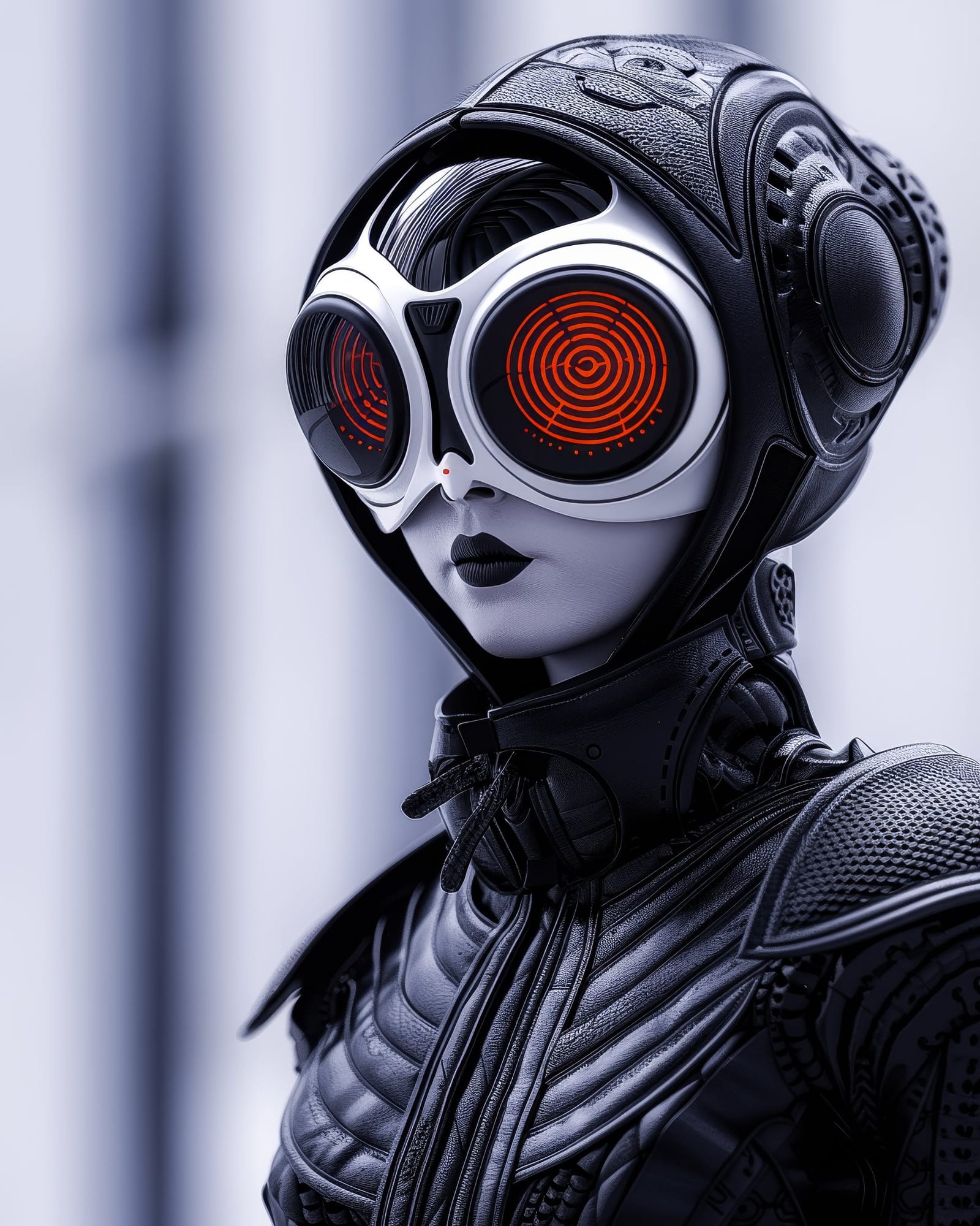 Cyborg féminin en combinaison texturée noire, peau très blanche, portant d'imposantes lunettes aux cercles lumineux rouges.