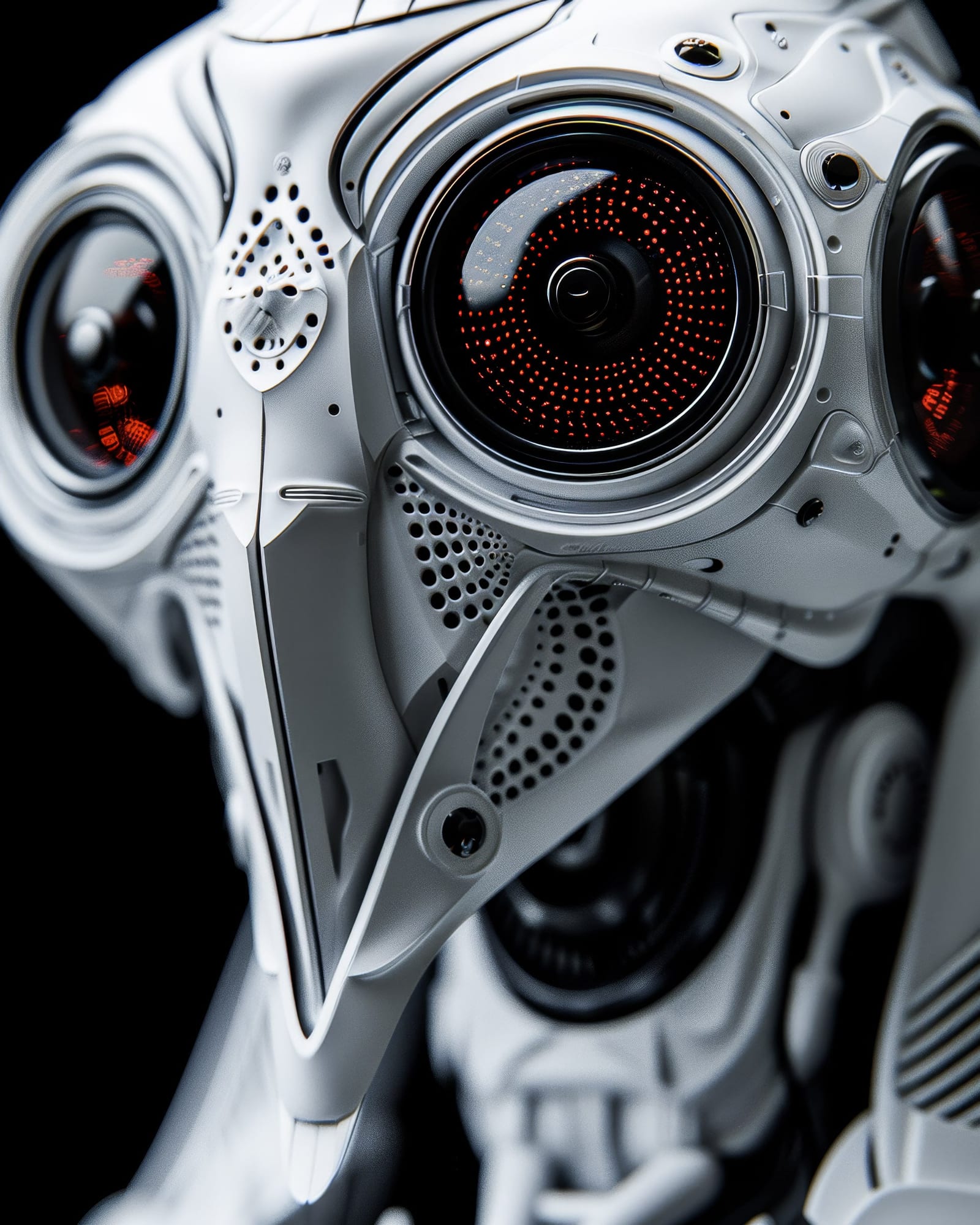Tête robotique blanche rappelant un oiseau de proie, bec mécanique et grands yeux circulaires aux LED rouges.
