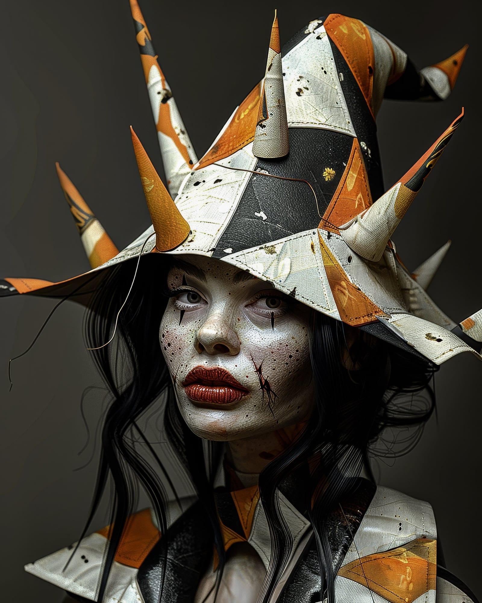 Portrait d'une femme au teint blafard, maquillage de clown avec cicatrices, portant un chapeau pointu hérissé de multiples cônes.