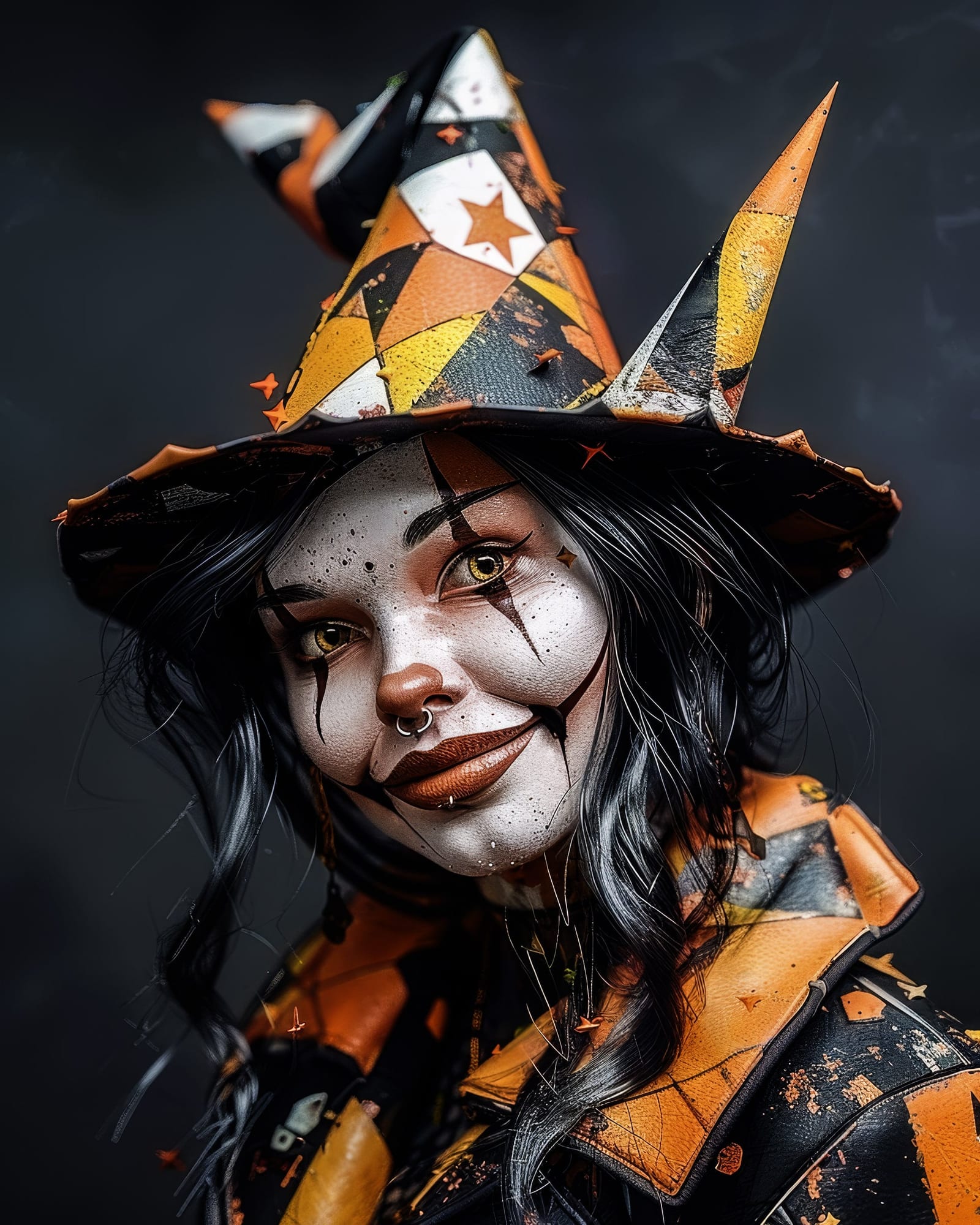 Sorcière souriante avec maquillage de clown classique, piercing au septum, chapeau pointu rapiécé, regard direct.