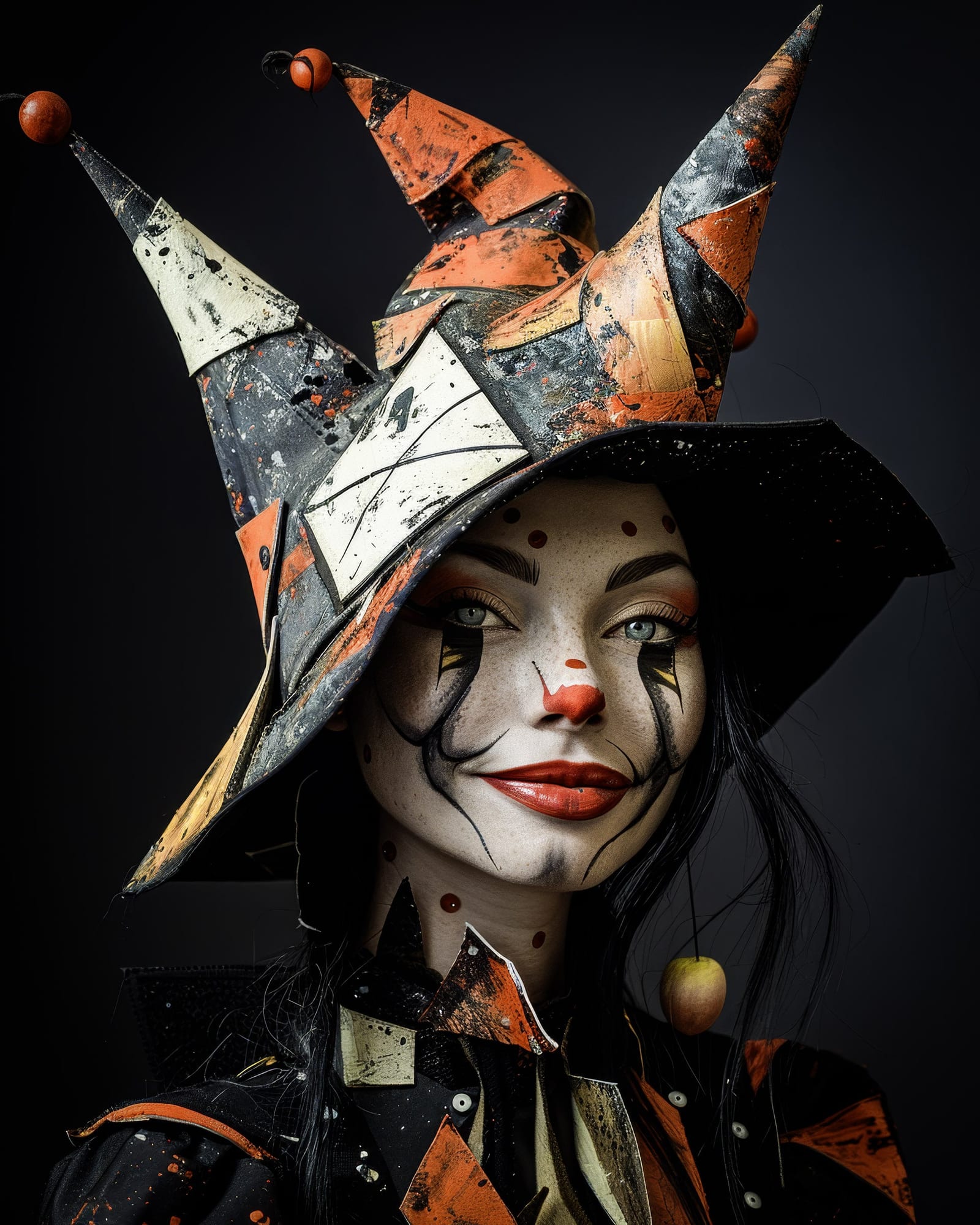 Portrait d'une femme au maquillage de clown soigné, large chapeau de sorcière en patchwork orange et blanc, expression sereine.