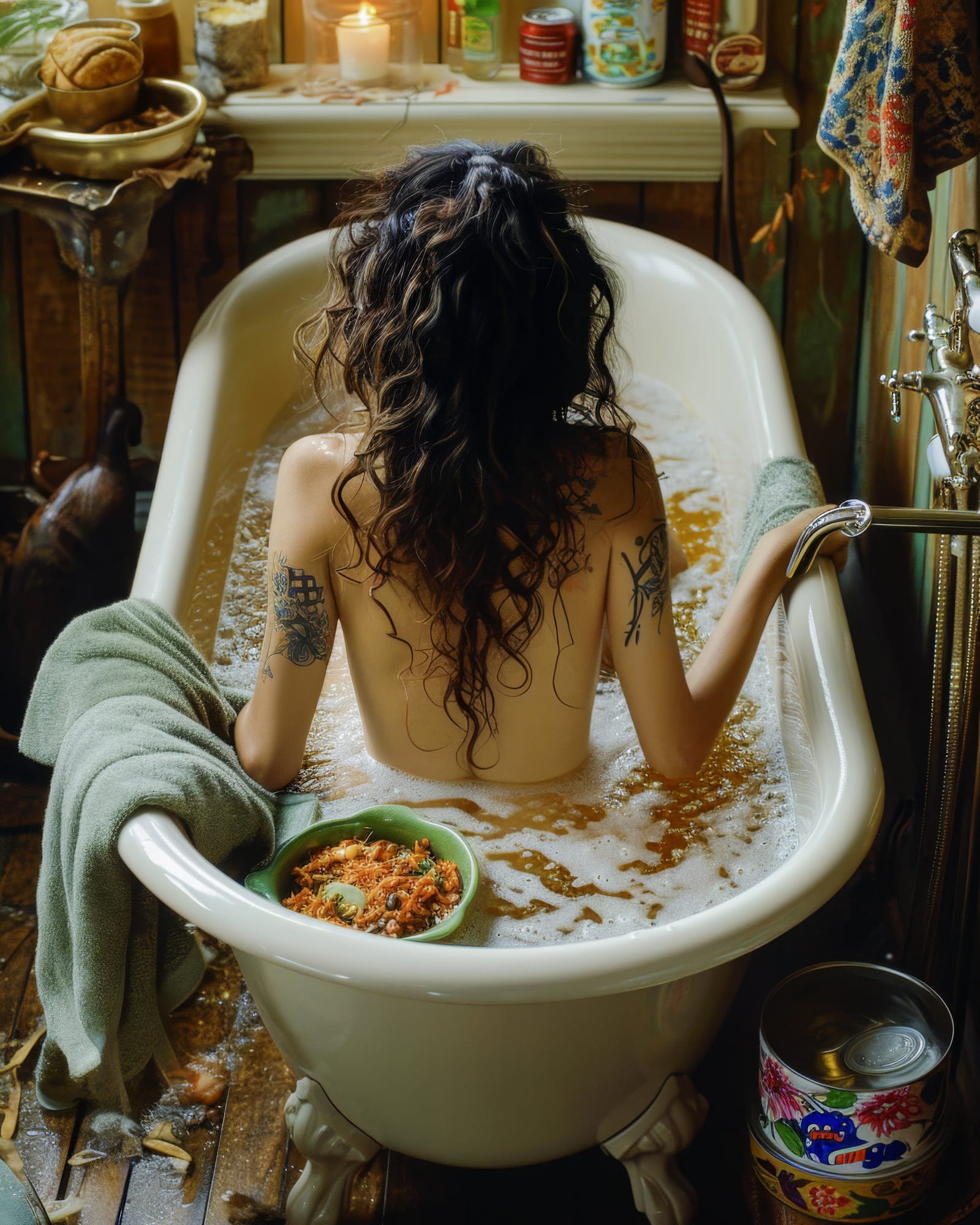Femme vue de dos dans une baignoire moussante, tatouages sur les bras, cheveux longs ondulés, un plat de nouilles posé sur le bord.