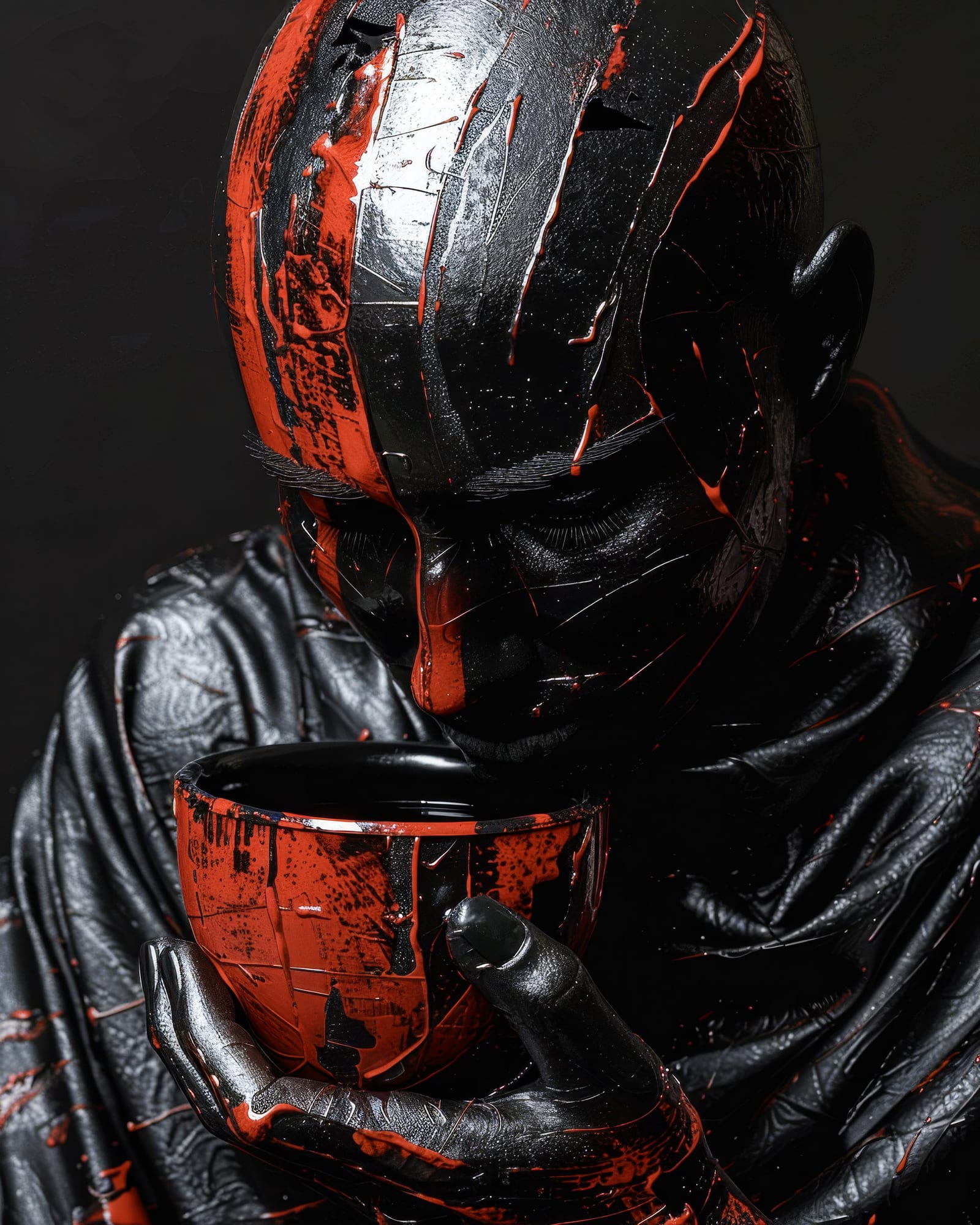 Personnage à la peau recouverte de matière noire brillante buvant dans un bol rouge, un liquide écarlate épais dégoulinant sur son crâne chauve.
