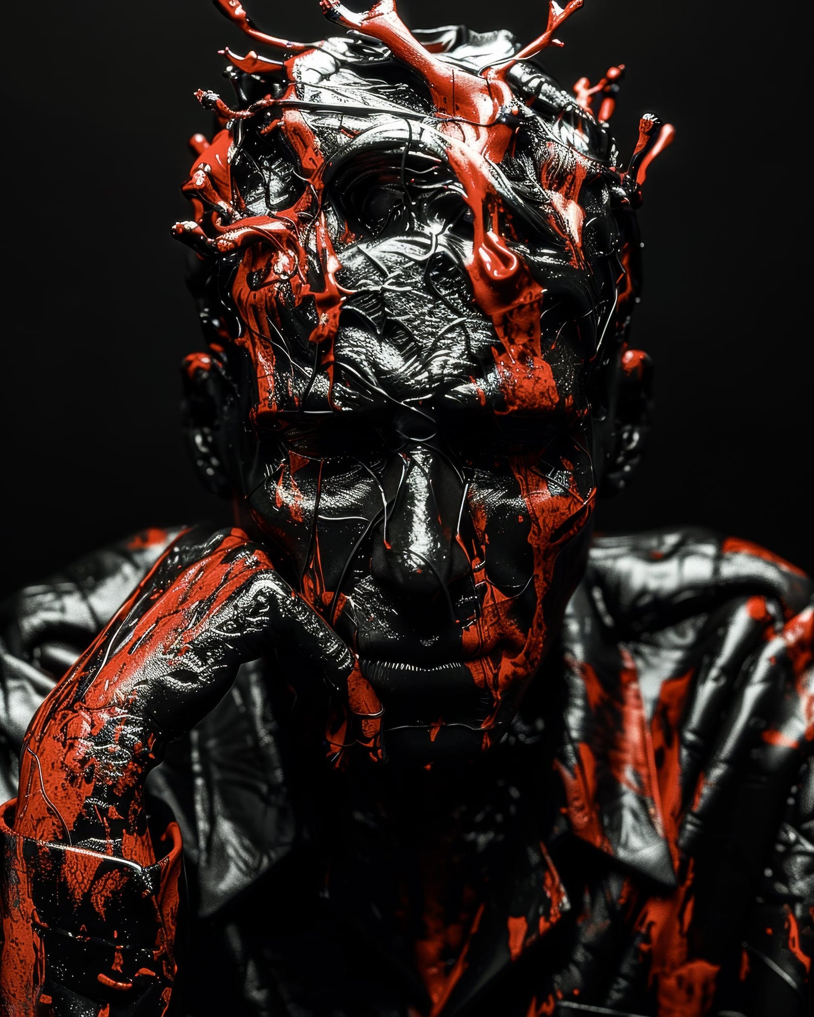 Portrait d'un visage et d'une main recouverts de matière noire brillante, avec de violentes éclaboussures rouges figées en l'air autour de la tête, pose pensive.