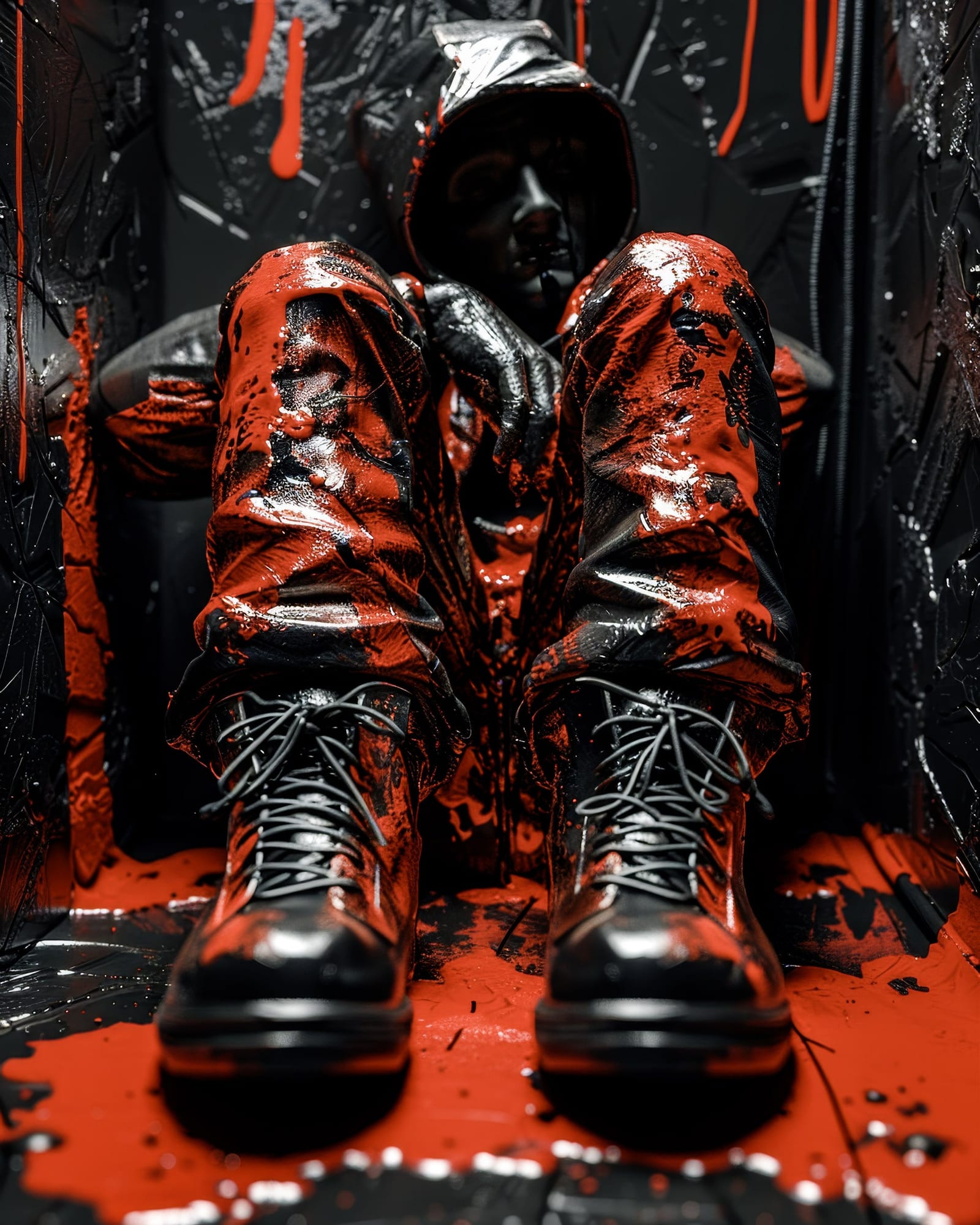 Personnage portant un sweat à capuche et de lourdes bottes noires, assis dans un espace sombre et étroit, entièrement recouvert de fluides noirs et rouges brillants.